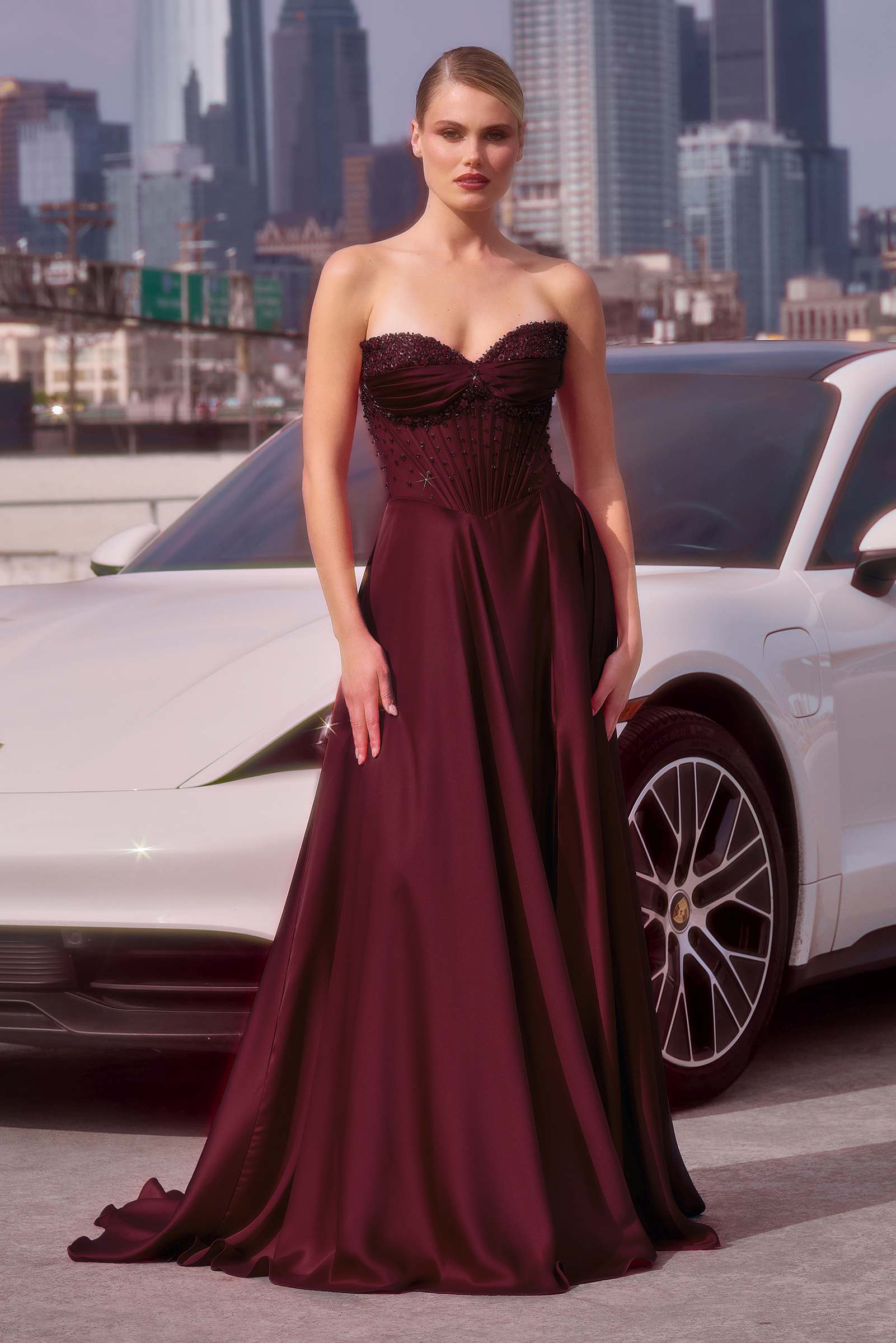 Ladivine CD297 Dress Strapless Beaded Satin A-Line Prom Gown by DiscountDressShop