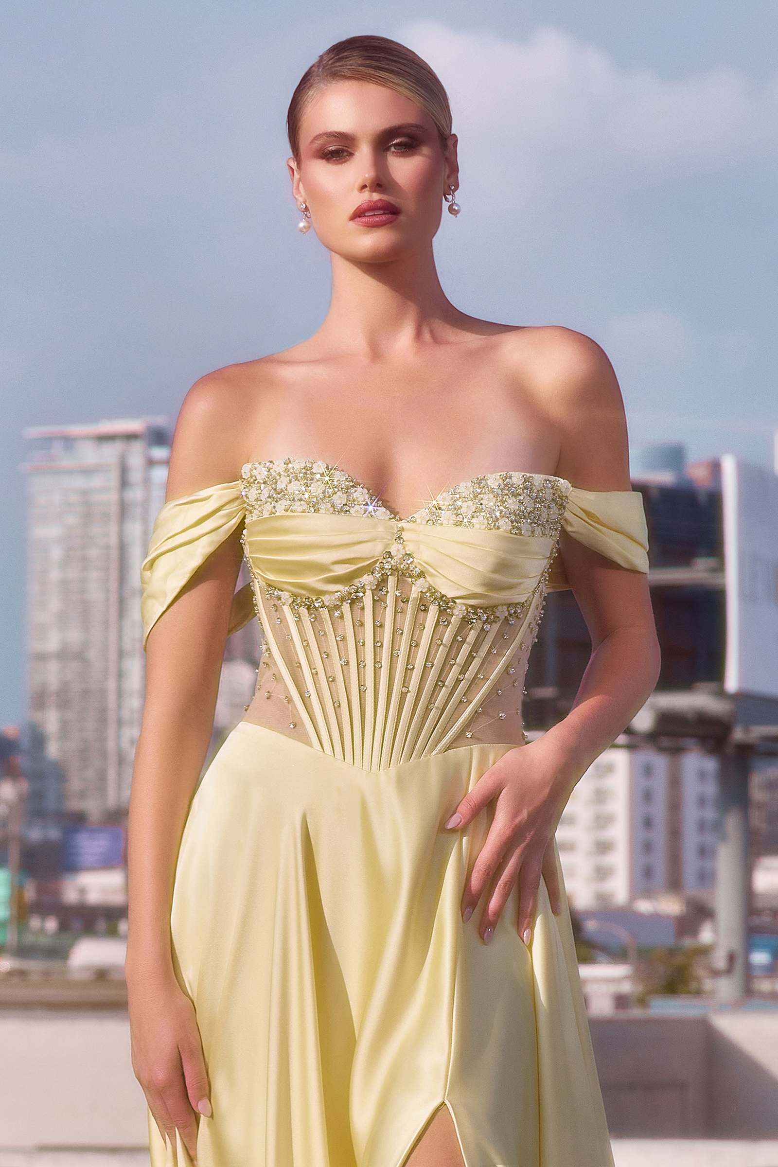 Ladivine CD297 Dress Strapless Beaded Satin A-Line Prom Gown by DiscountDressShop