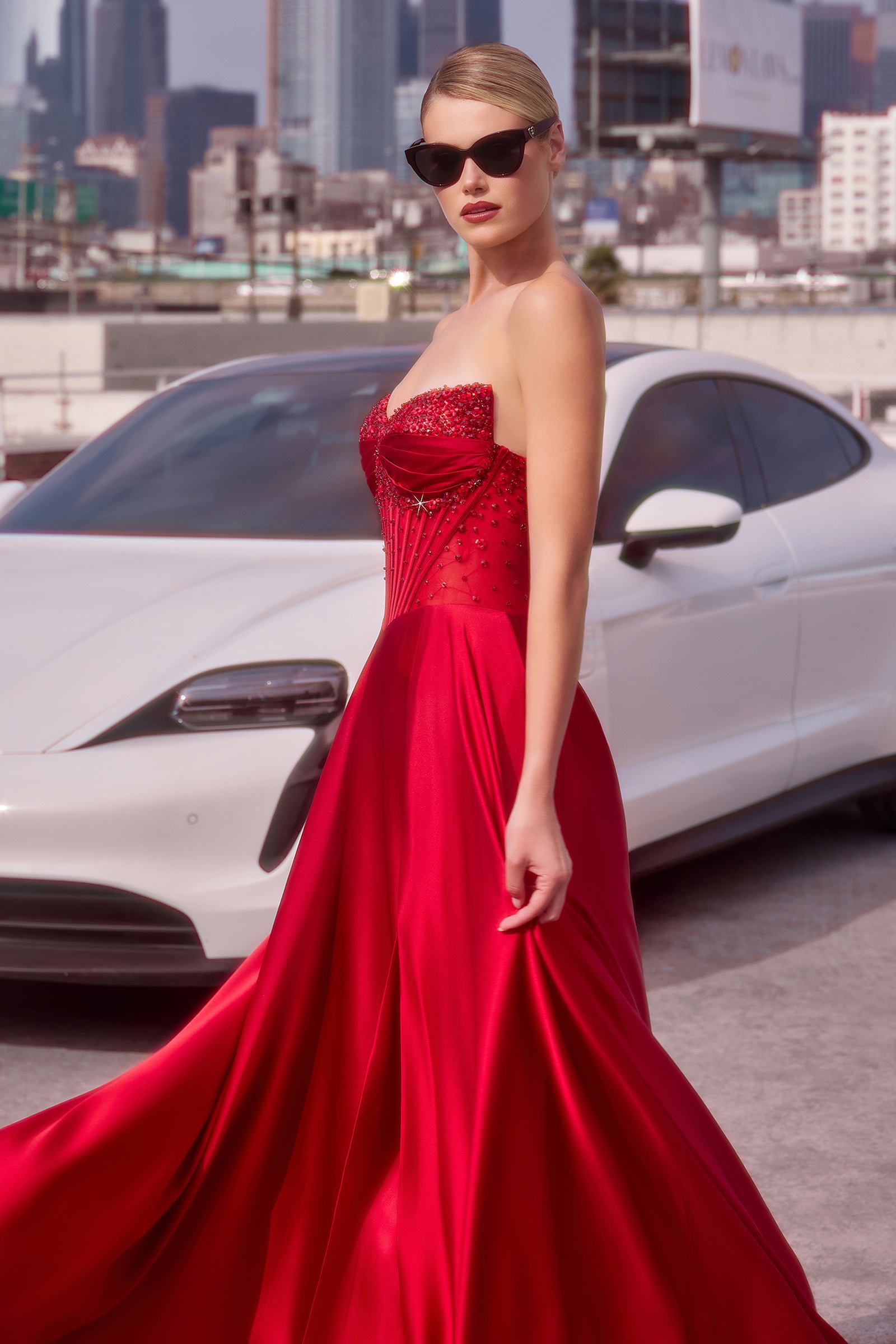 Ladivine CD297 Dress Strapless Beaded Satin A-Line Prom Gown by DiscountDressShop