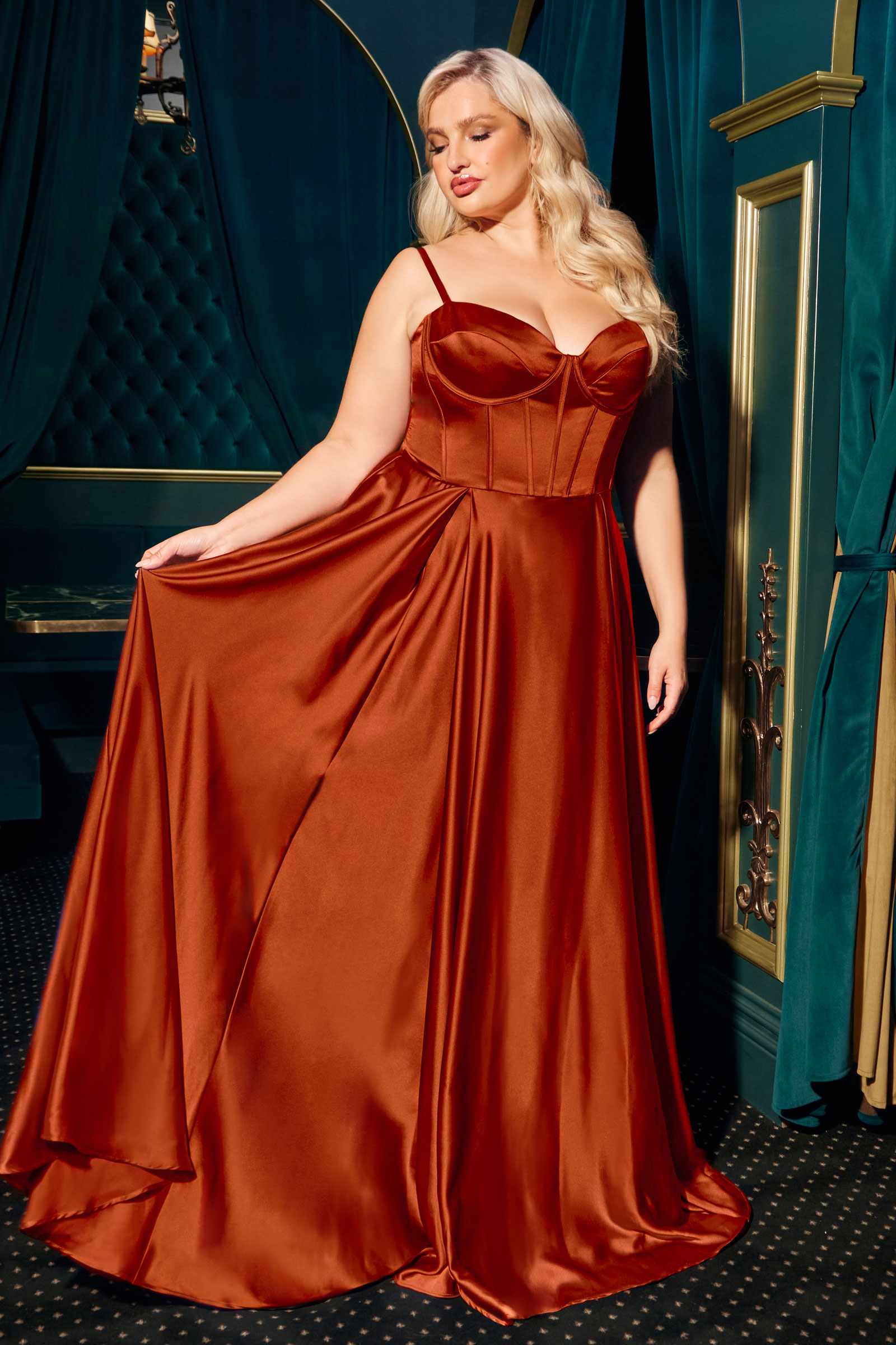 Ladivine CD337C Long A-Line Slit Satin Bustier Prom Dress by DiscountDressShop