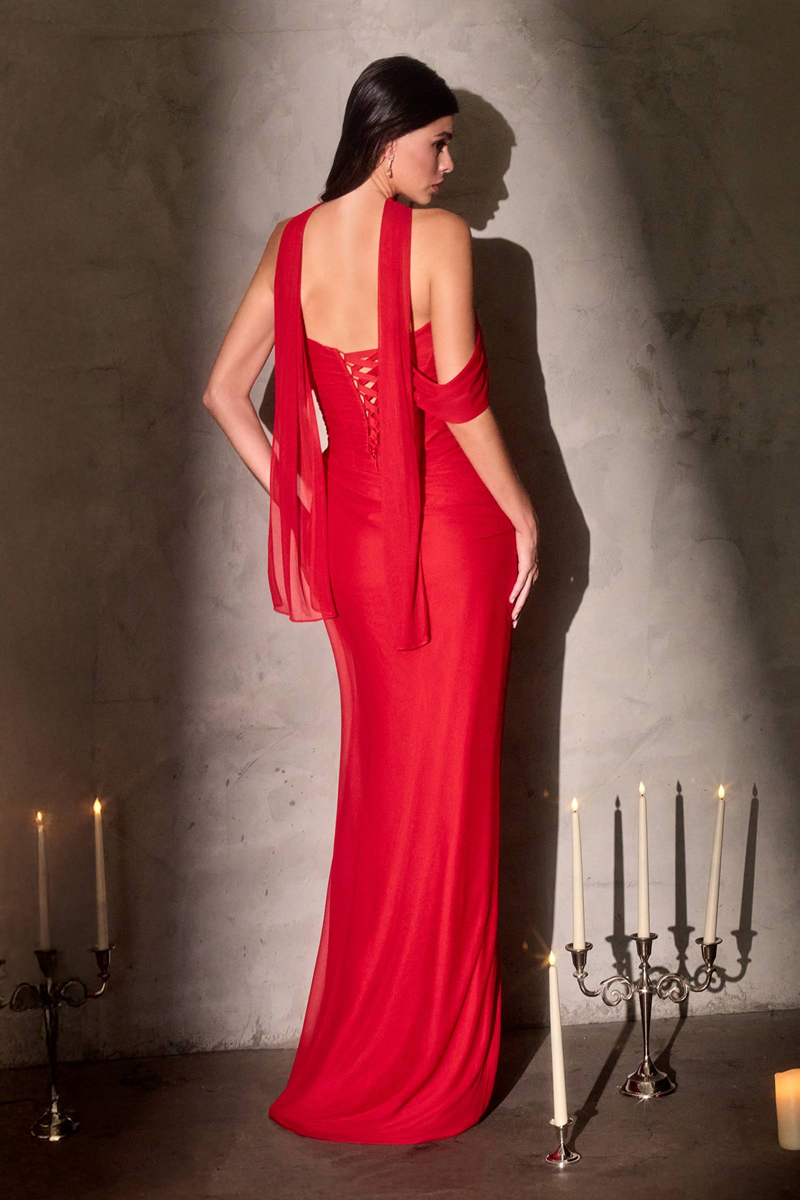 Ladivine CD406 Sculpted Pleated Bodice Lightweight Chiffon Fitted Gown by DiscountDressShop