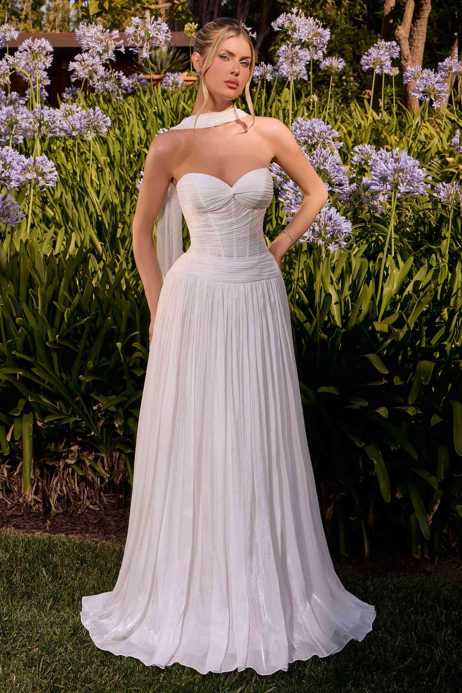 Ladivine CD414W Shimmering A-Line Strapless Sweetheart Pleated Gown DestGlow