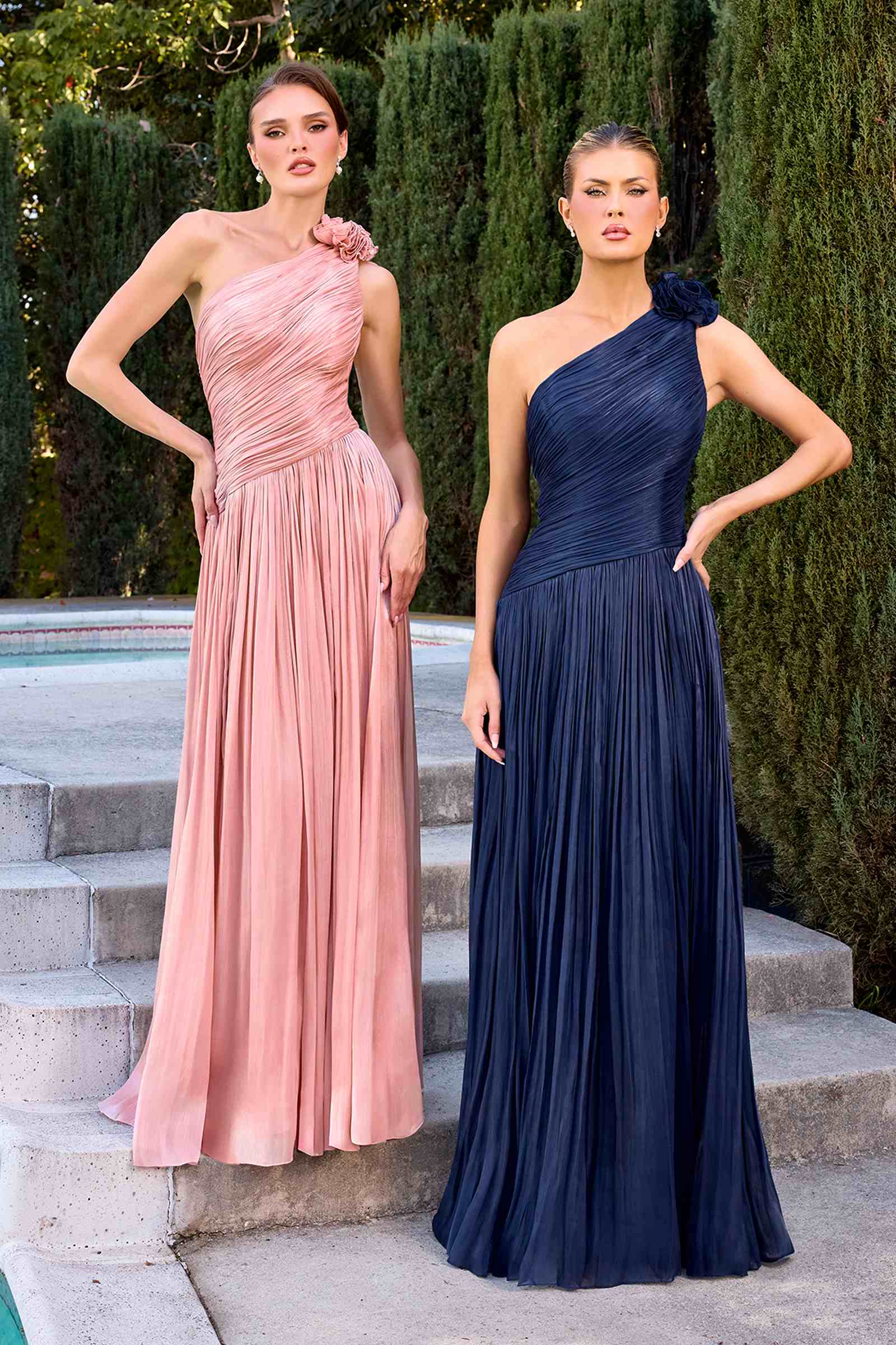 Ladivine CD415 One Shoulder Pleated Luminescent Chiffon Flowy Gown DestGlow