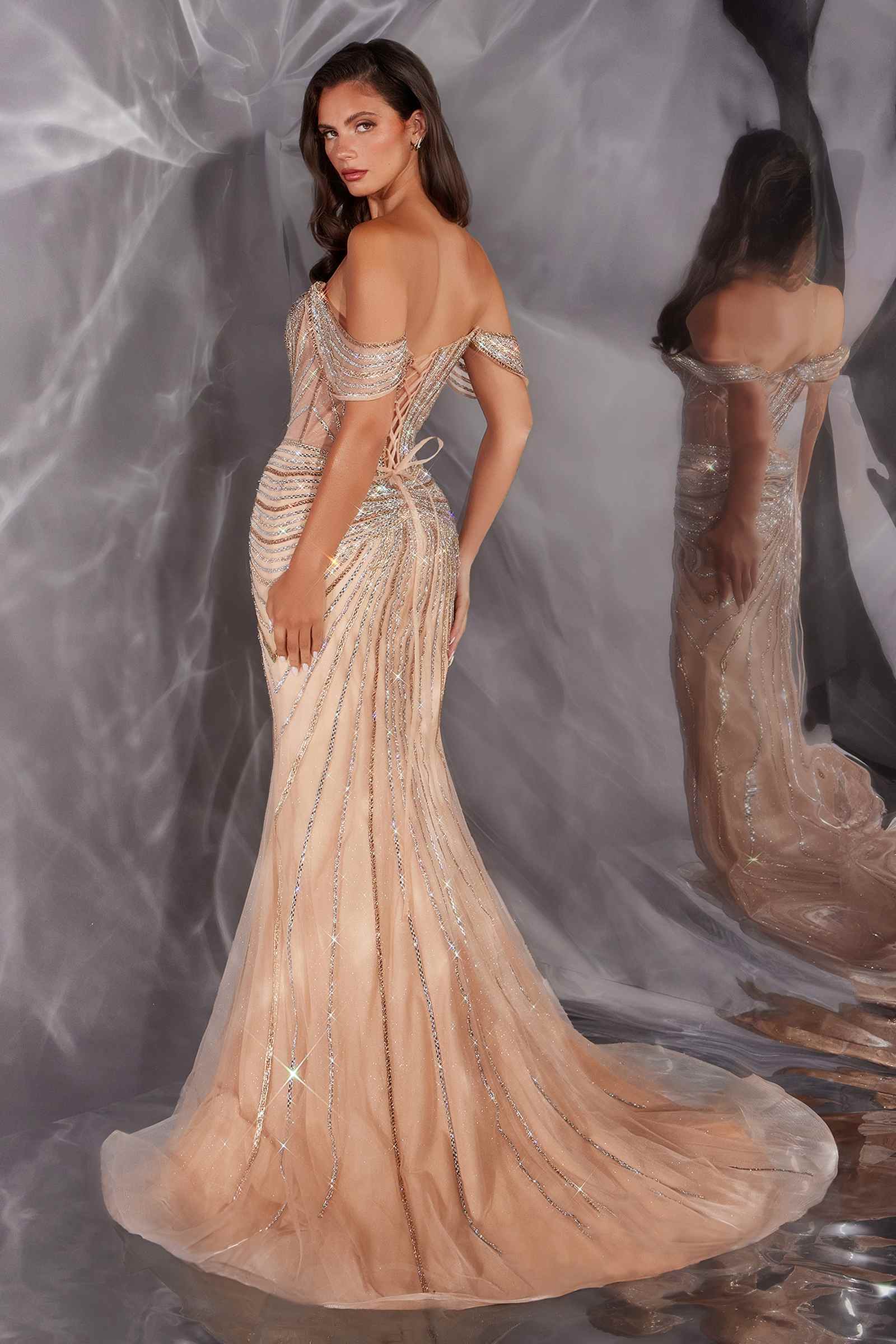 Ladivine CD654 Off Shoulder Glitter Fitted Corset Bodice Mermaid Gown DestGlow