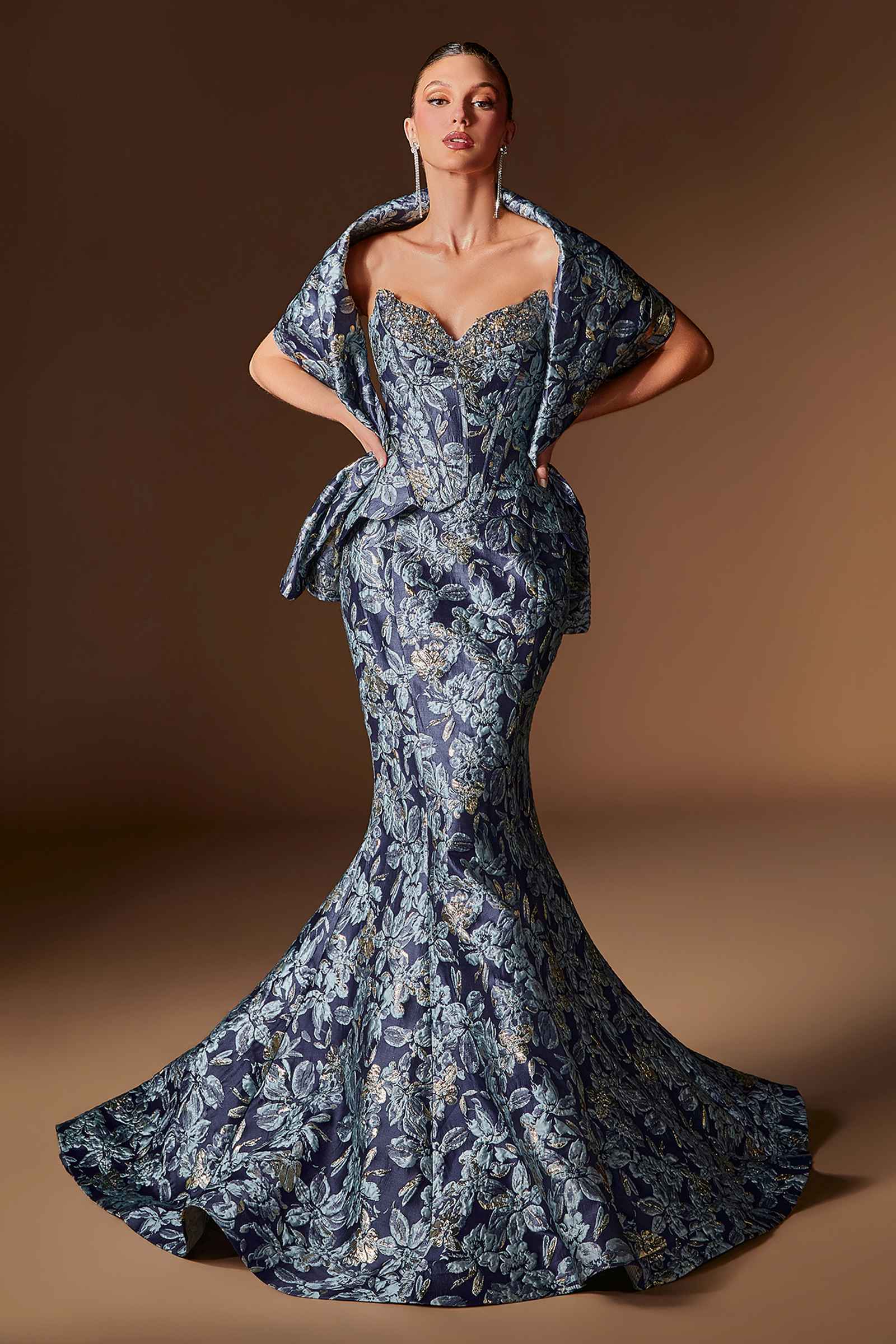 Ladivine CD655 Luxurious Floral Jacquard Fitted Mermaid Gown DestGlow