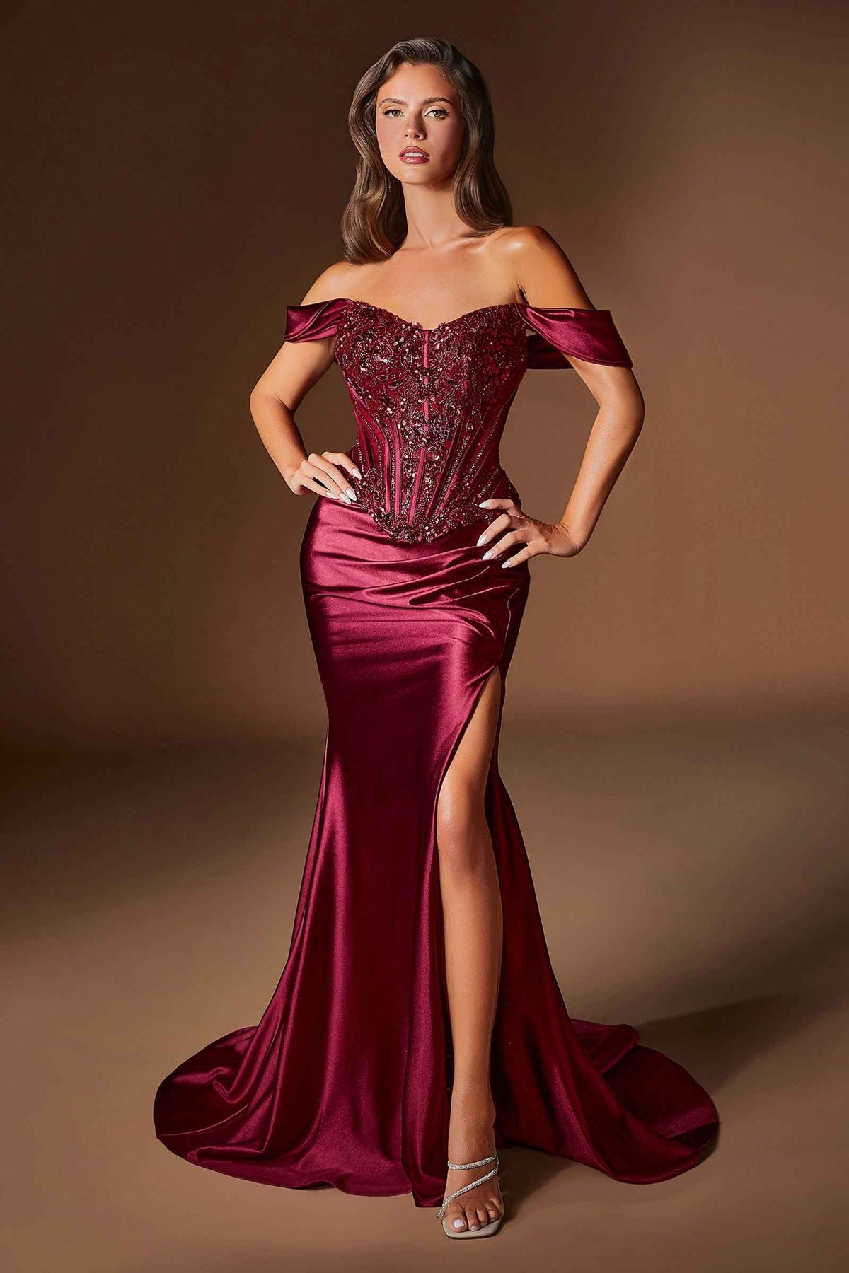 Ladivine CD656 Off the Shoulder Embellished Corset Bodice Fitted Gown DestGlow