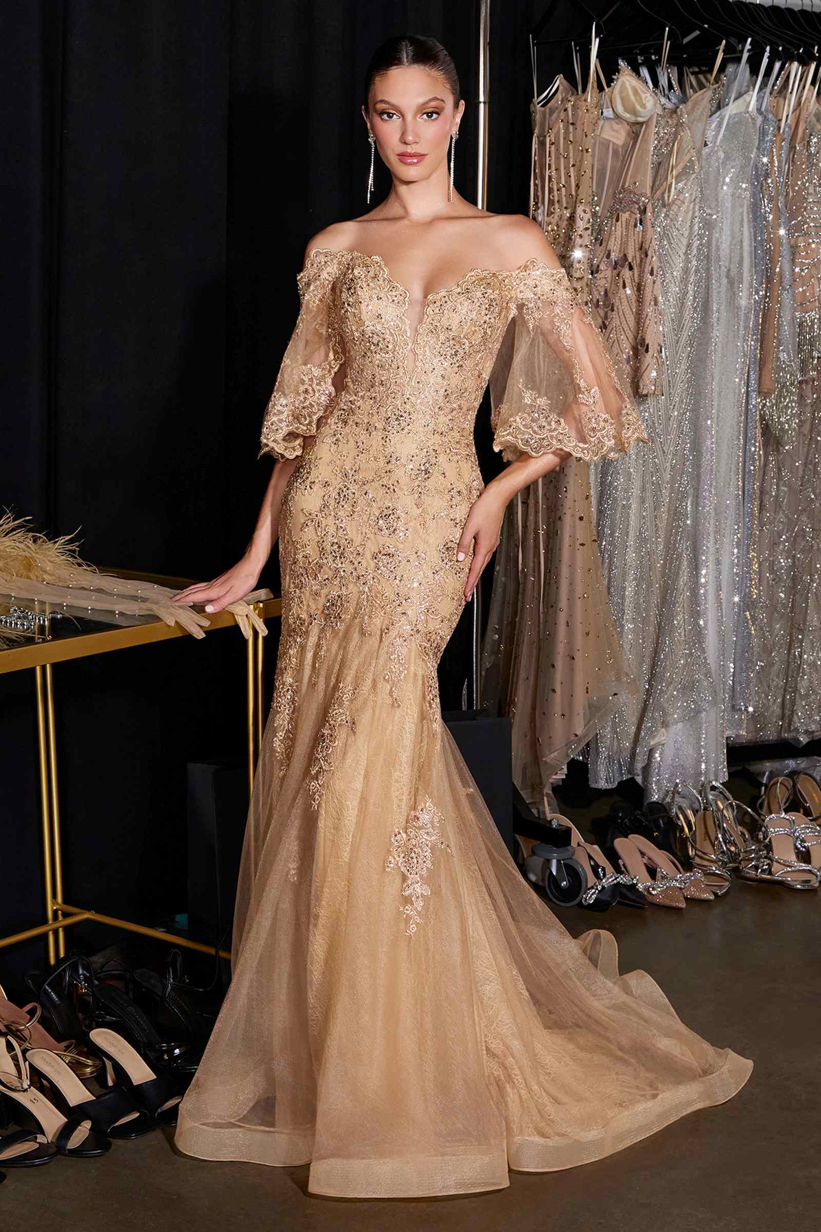 Ladivine CD659 Off the Shoulder Bell Sleeves Fitted Mermaid Gown DestGlow