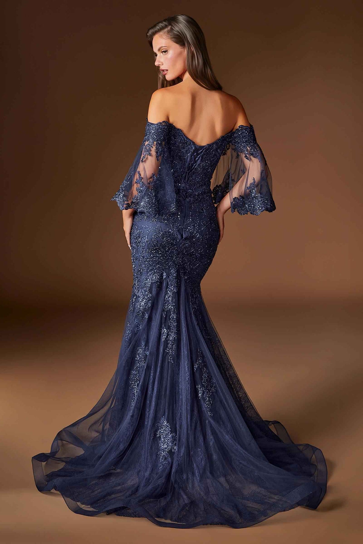 Ladivine CD659 Off the Shoulder Bell Sleeves Fitted Mermaid Gown DestGlow
