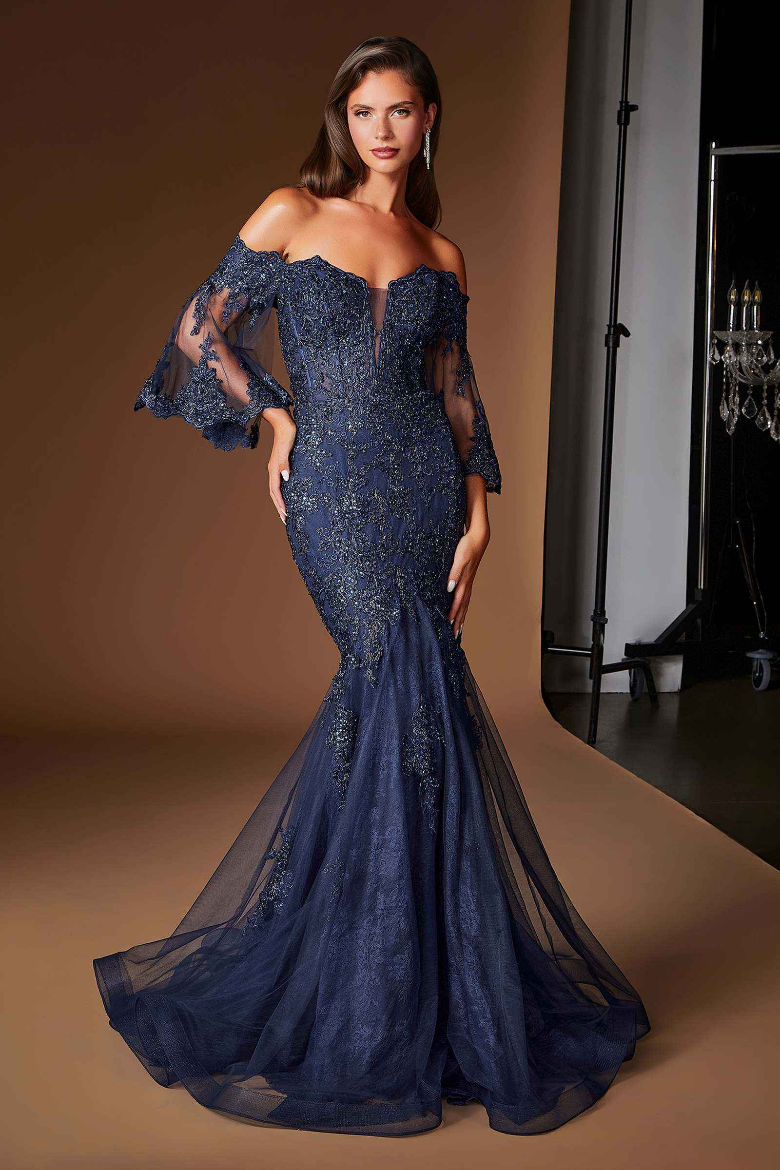 Ladivine CD659 Off the Shoulder Bell Sleeves Fitted Mermaid Gown DestGlow