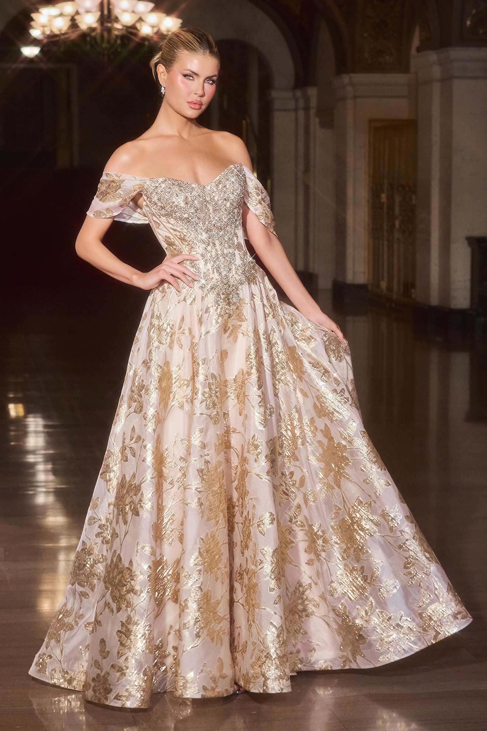Ladivine CD682 Off the Shoulder Beaded Bodice Ball Gown by DiscountDressShop