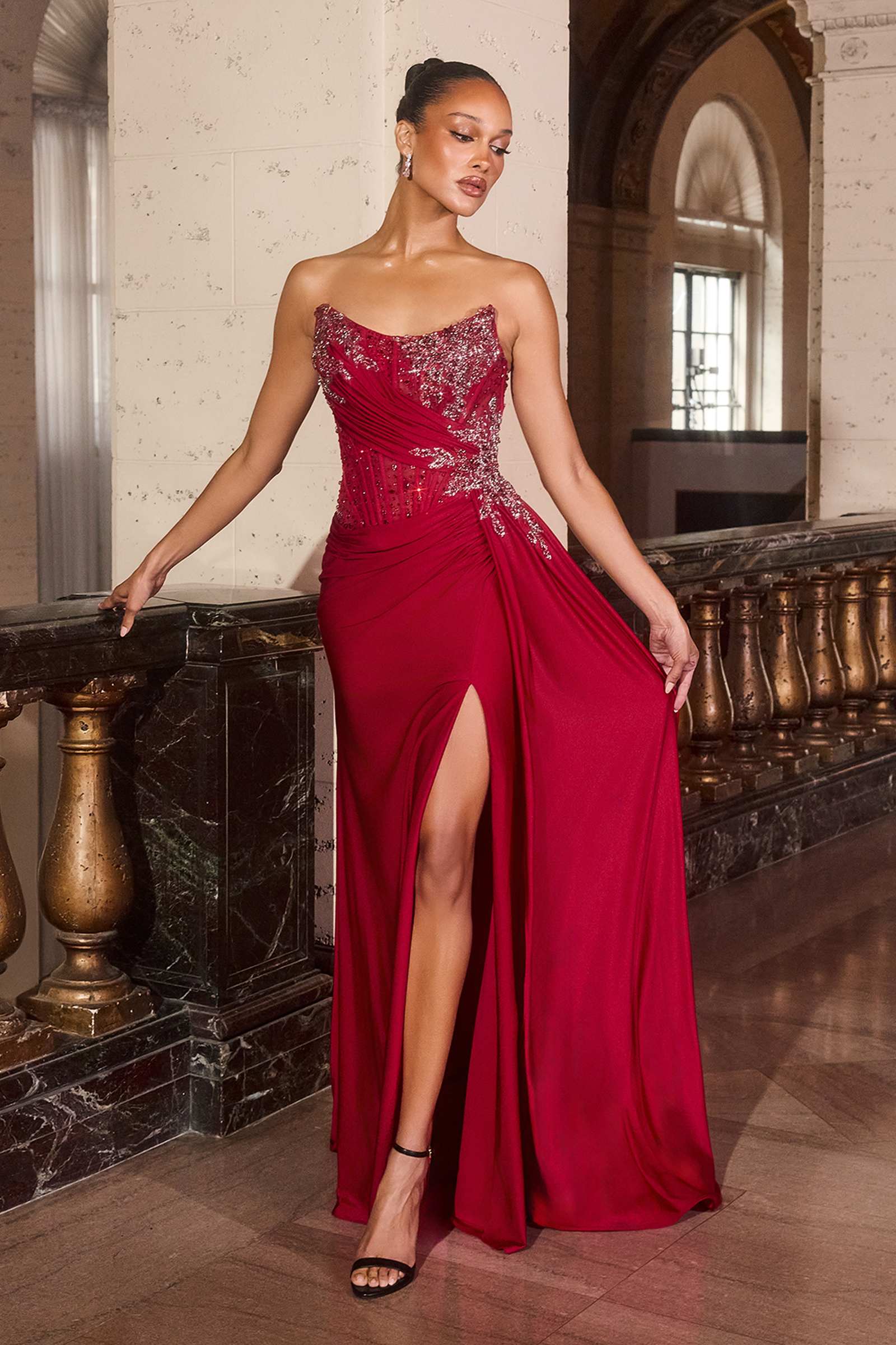 Ladivine CD689 Fitted Asymmetrical Strapless Stretch Satin Gown by DiscountDressShop