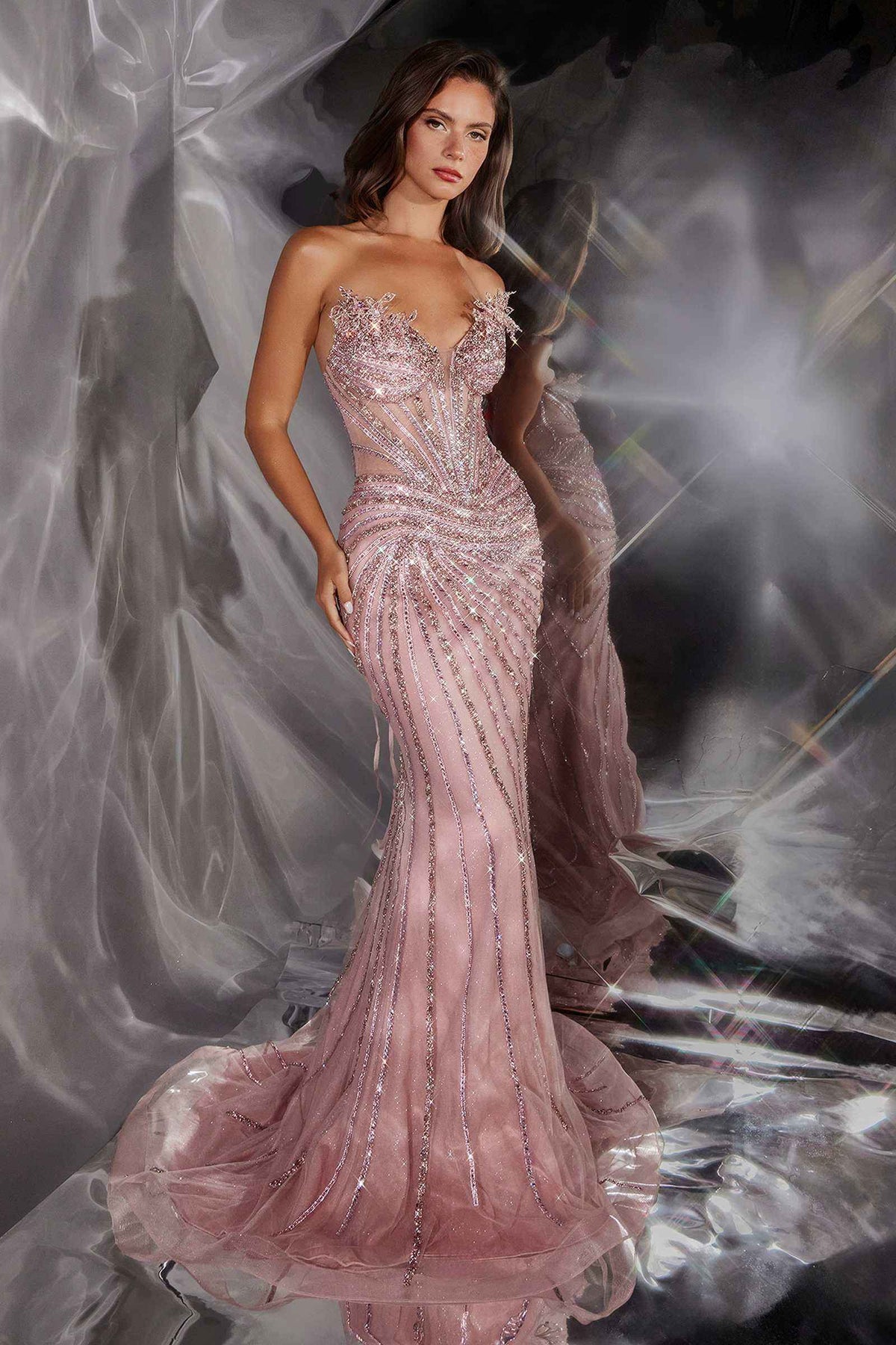 Ladivine CD715 Radiant Linear Beaded Strapless Mermaid Gown DestGlow