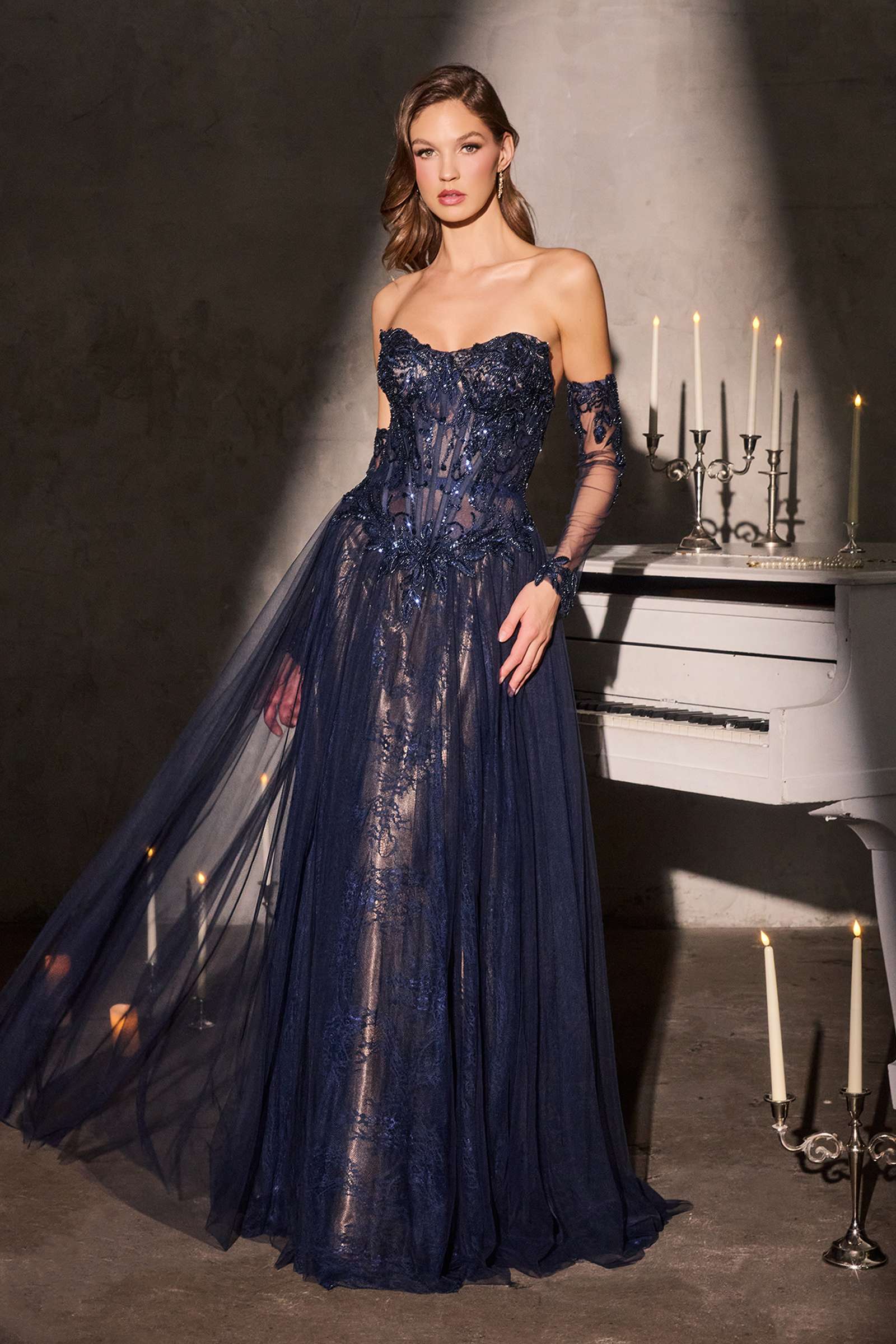 Ladivine CD717 Strapless A-Line Gown Lace Applique Tulle Skirt by DiscountDressShop