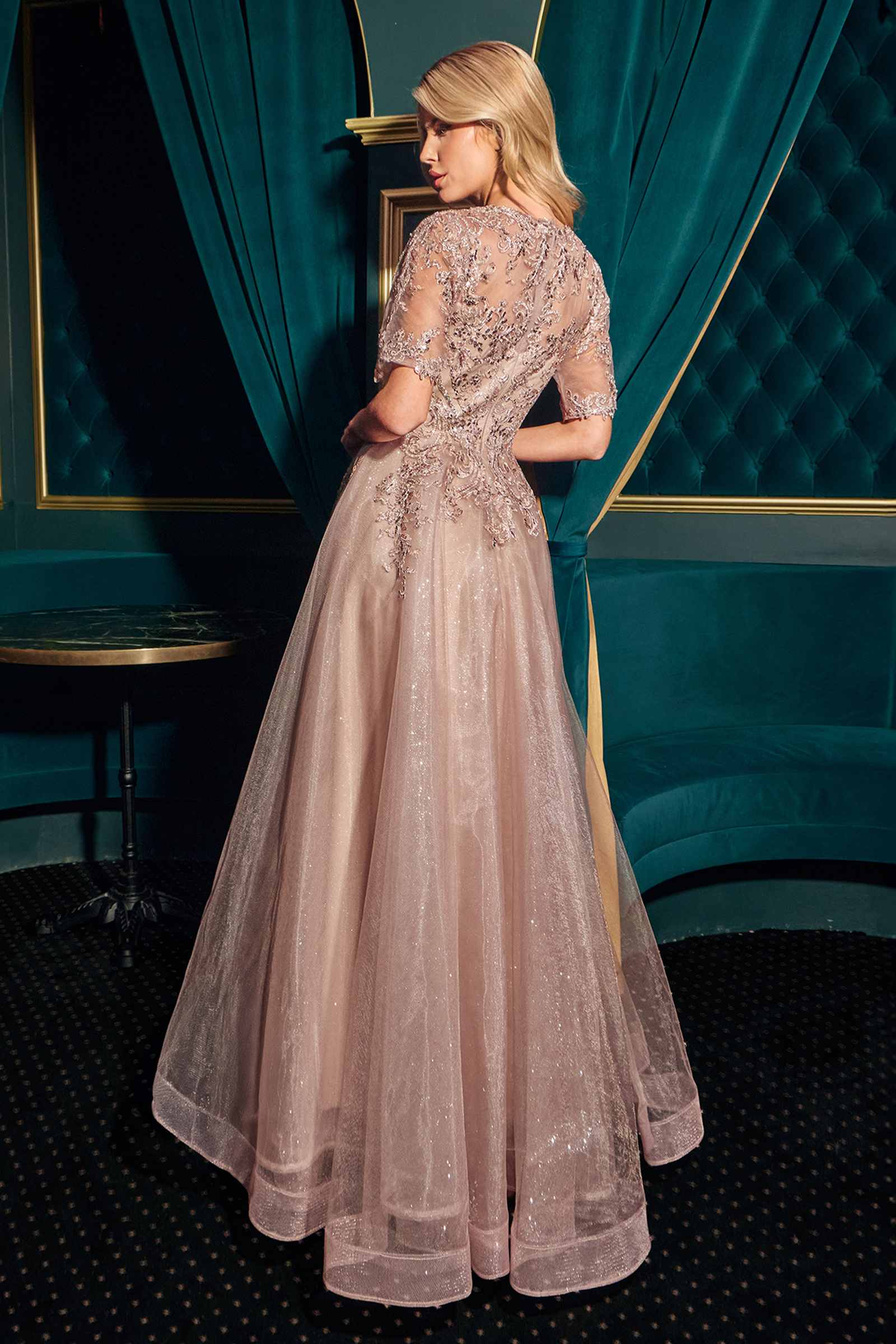 Ladivine CD726 Half Sleeve Mocha V-Neck A-Line Layered Glitter Gown by DiscountDressShop