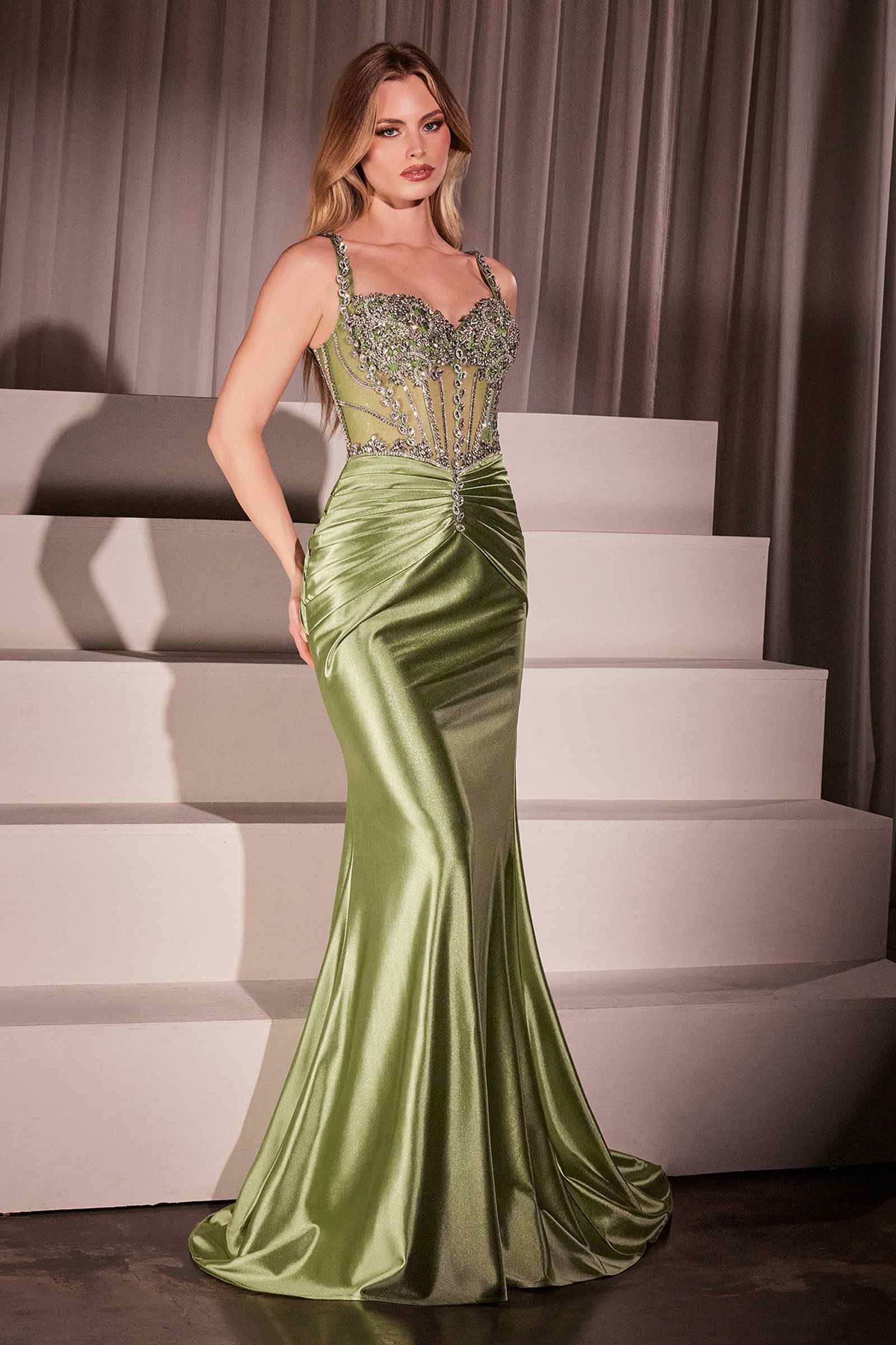 Ladivine CD757 Dress Crystal Embellished Fitted Satin Gown by DiscountDressShop