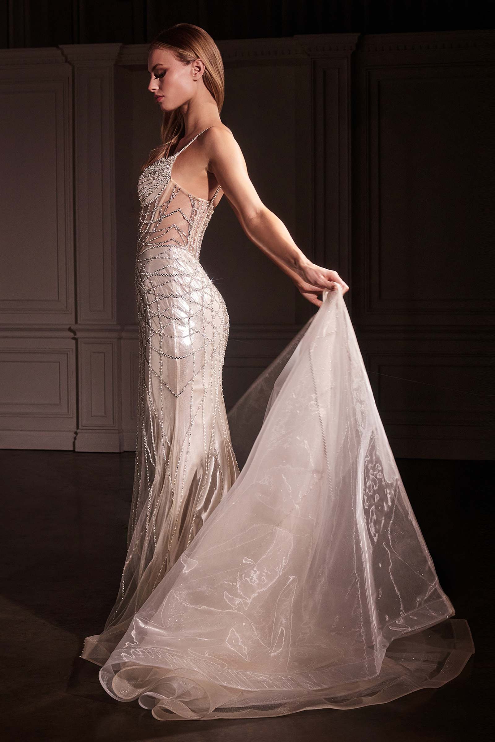 Ladivine CD763 Fit & Flare Crystal Embellished Gown & Overskirt by DiscountDressShop