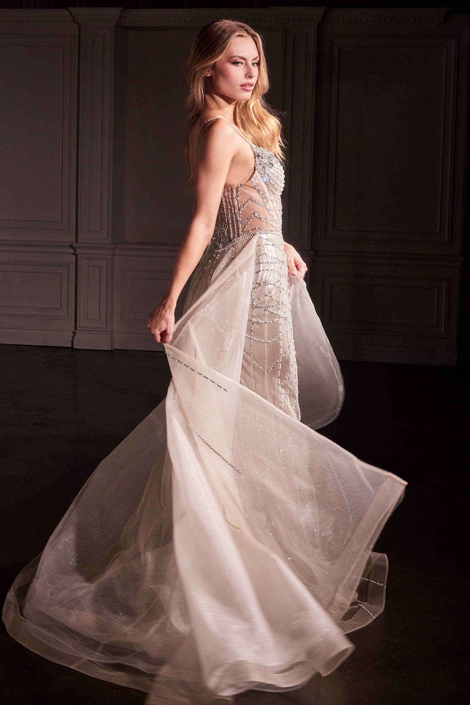 Ladivine CD763 Fit & Flare Crystal Embellished Gown & Overskirt by DiscountDressShop