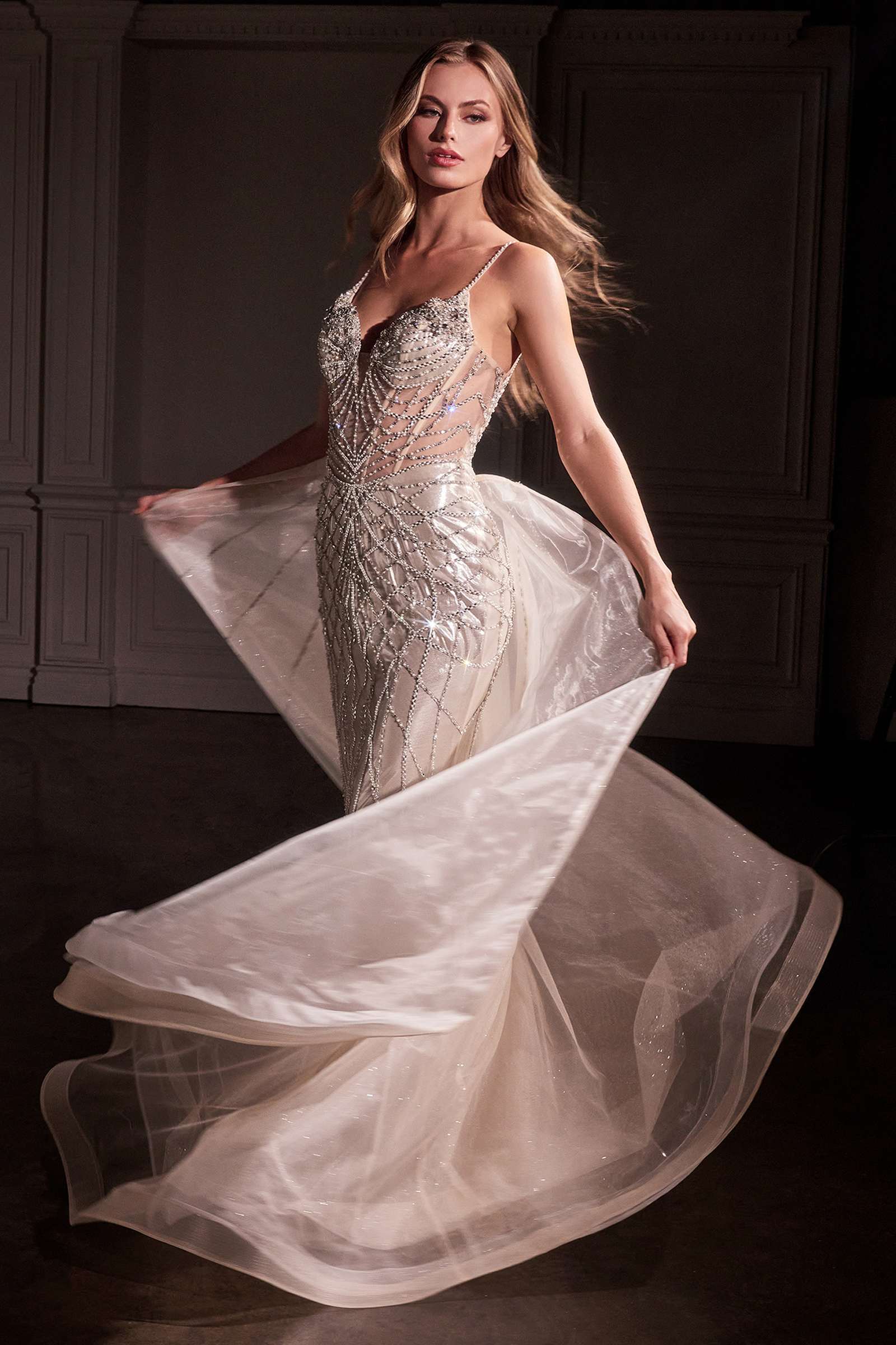 Ladivine CD763 Fit & Flare Crystal Embellished Gown & Overskirt by DiscountDressShop