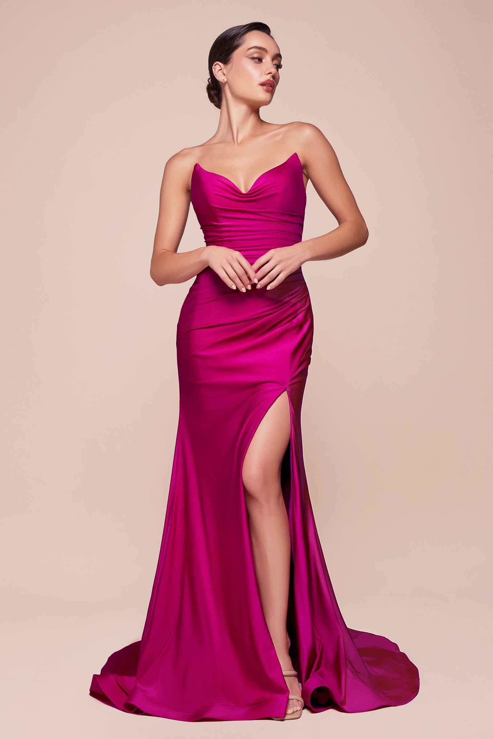 CLEARANCE - Ladivine CD791 Dress Strapless Stretch Satin Fitted Dusty Rose Gown (Size 8) by DiscountDressShop