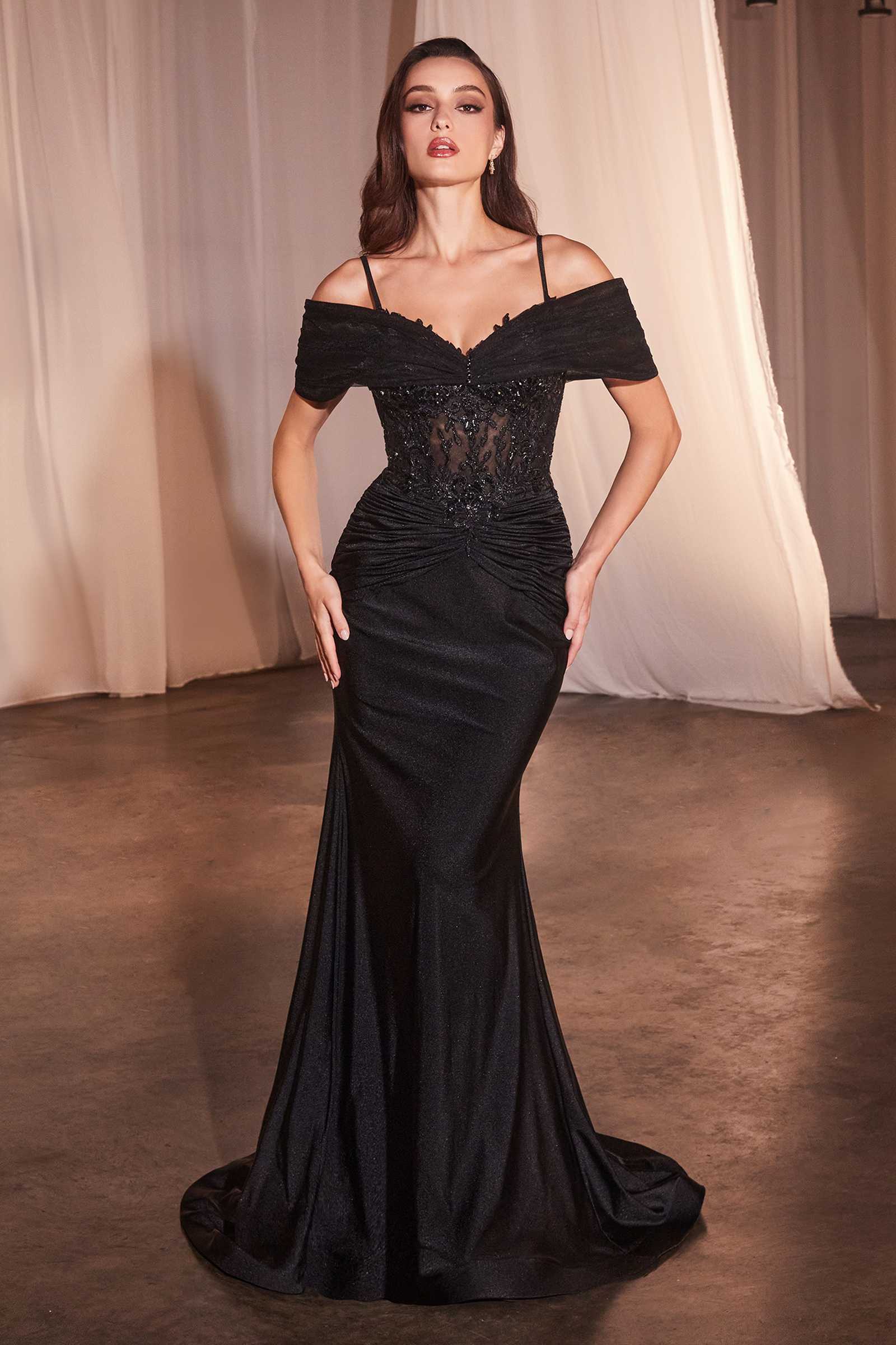 Ladivine CD798 Fitted Satin & Lace Gown With Off The Shoulder Accessory by DiscountDressShop