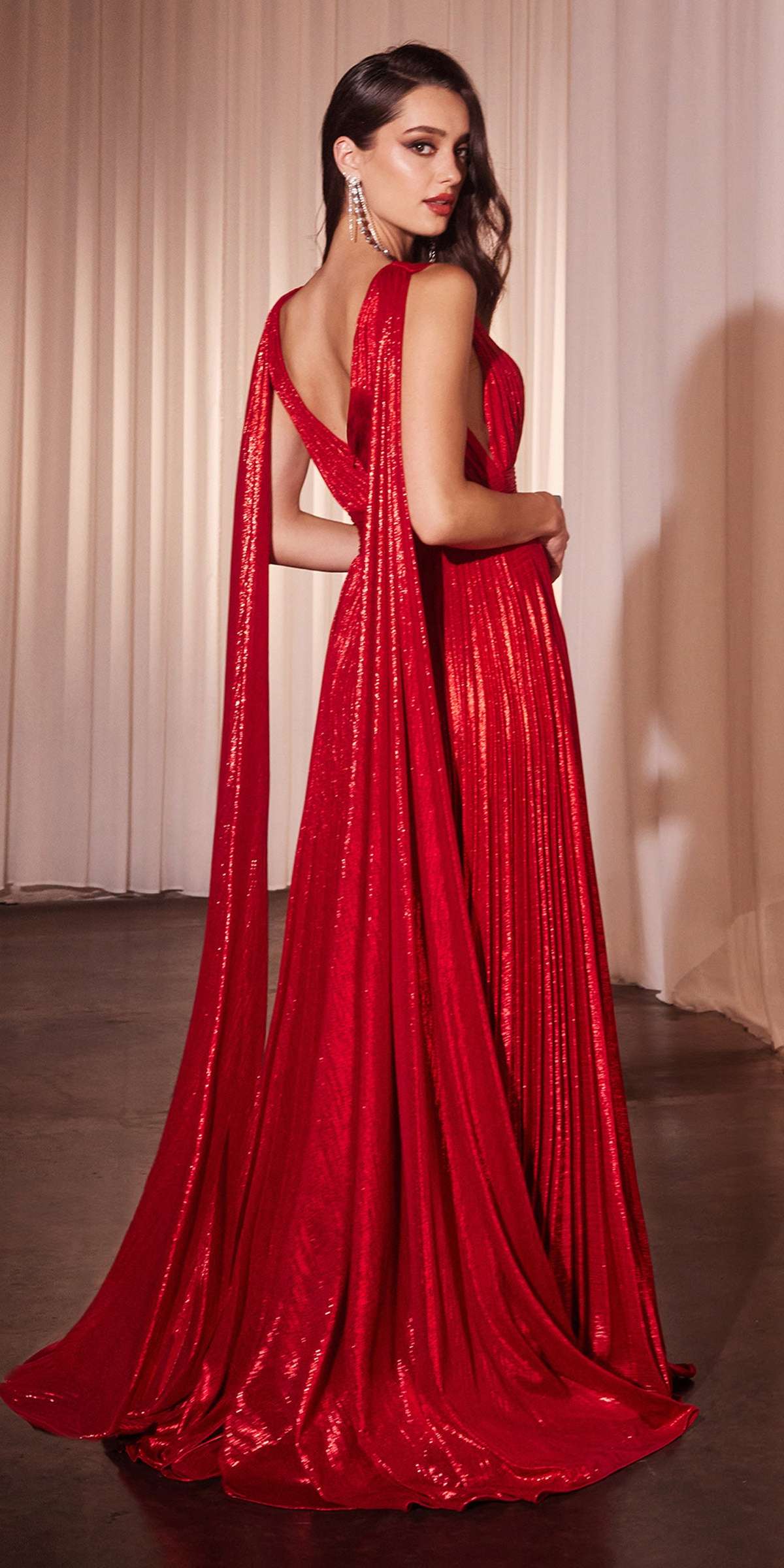 Ladivine CD802 Metallic Pleated A-Line Gown Cape Sash by DiscountDressShop