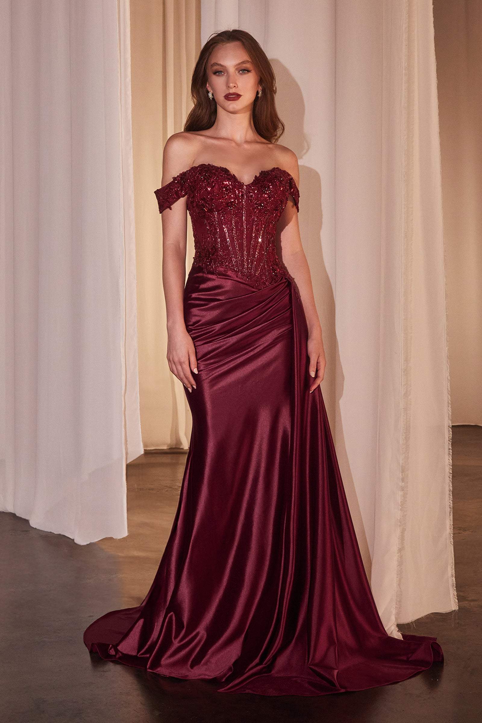 CLEARANCE - Ladivine CD803 Off The Shoulder Lace & Satin Fitted Gown (Size 12) by DiscountDressShop