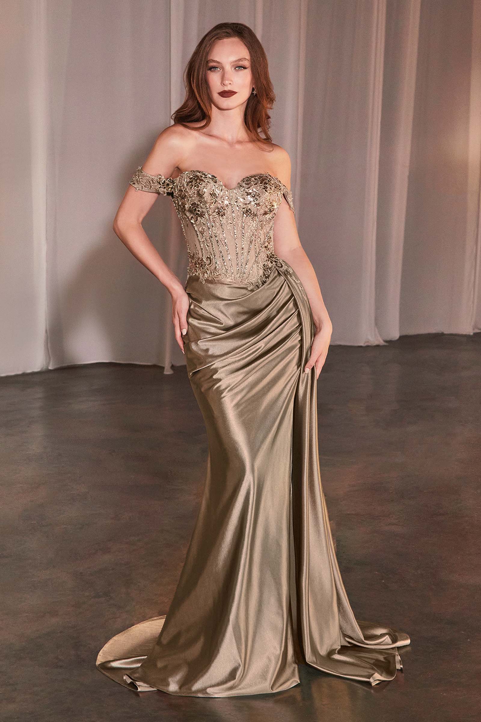 CLEARANCE - Ladivine CD803 Off The Shoulder Lace & Satin Fitted Gown (Size 12) by DiscountDressShop