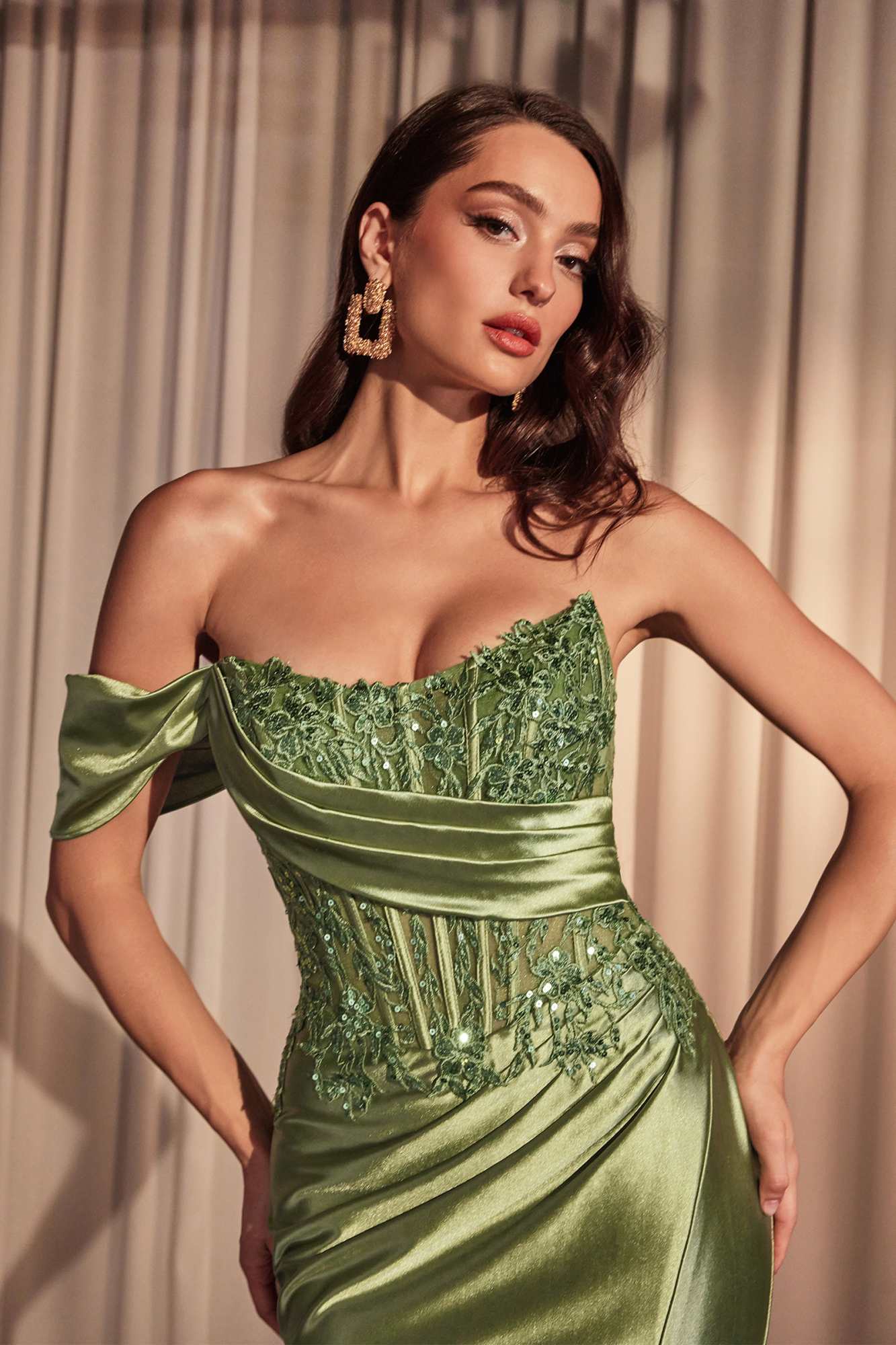 Ladivine CD804 Off Shoulder Lace & Satin Fit & Flare Prom Gown by DiscountDressShop