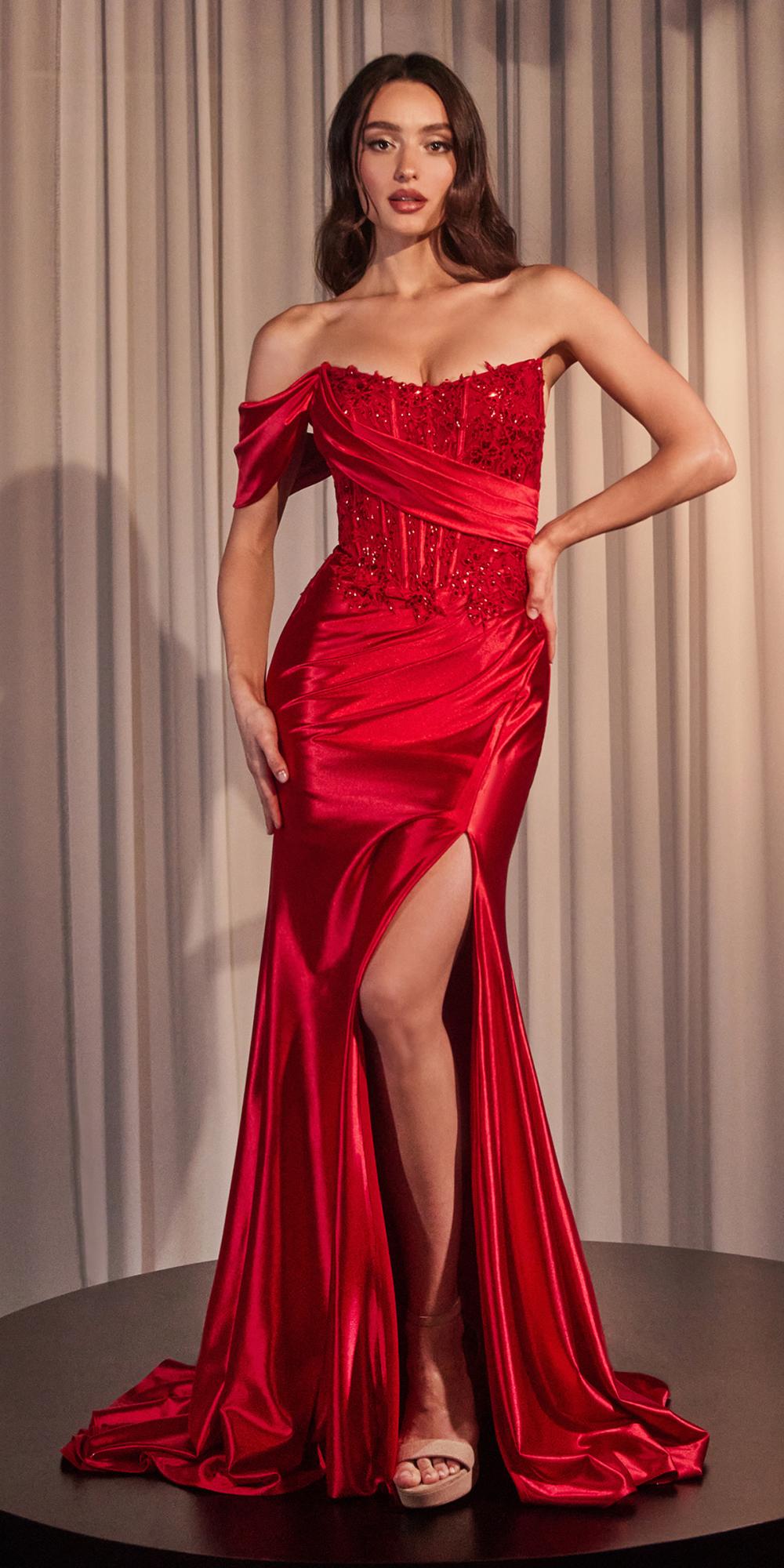 Ladivine CD804 Off Shoulder Lace & Satin Fit & Flare Prom Gown by DiscountDressShop