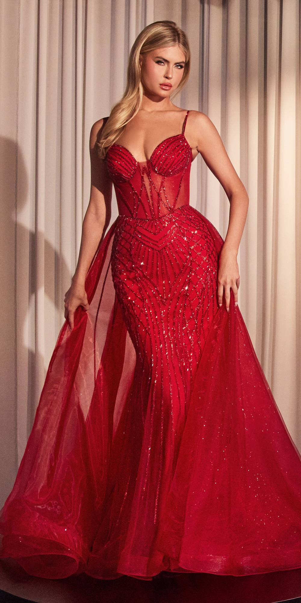 Ladivine CD863 Floor Length Fitted Beaded Tulle Fabric Red Carpet Gown by DiscountDressShop