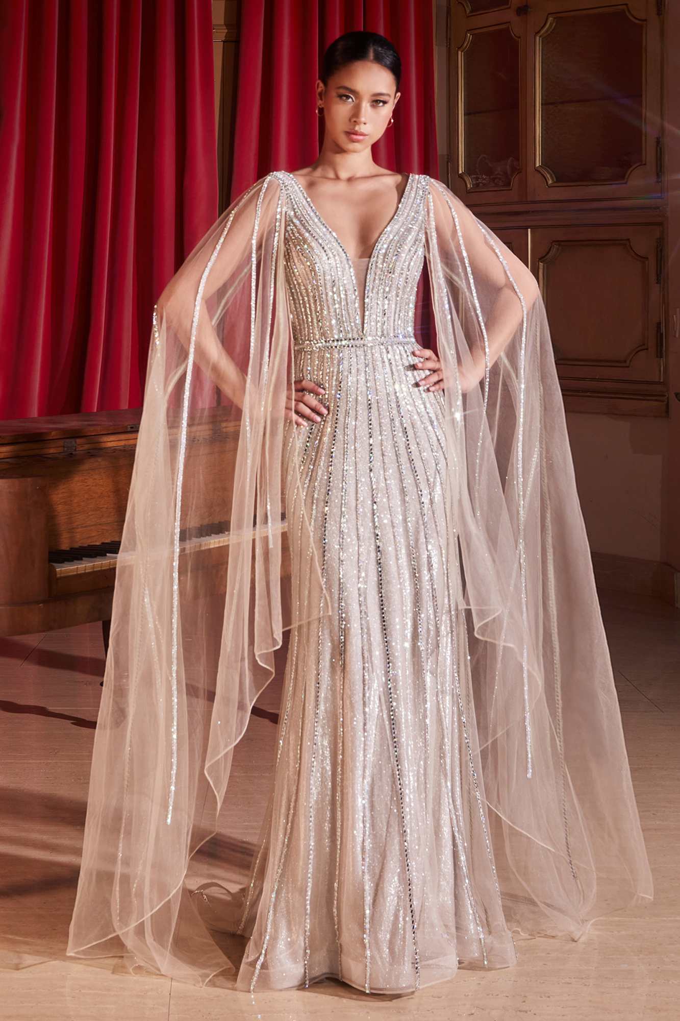 Ladivine CD865 Embellished Long Cape Sleeve Formal Gown by DiscountDressShop