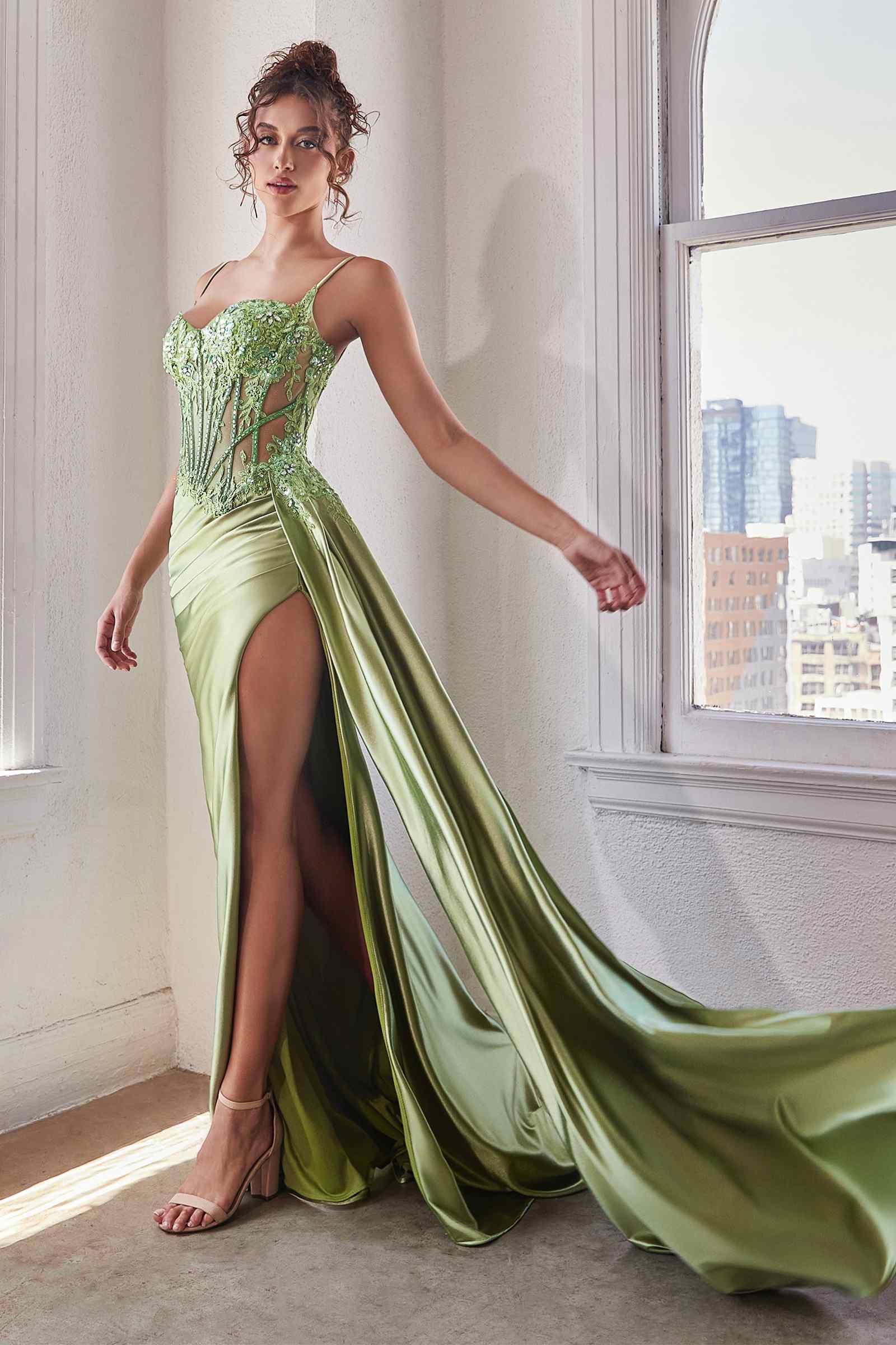 Ladivine CD868 Long Glamorous Lace Detailed Formal Gown Side Sash by DiscountDressShop