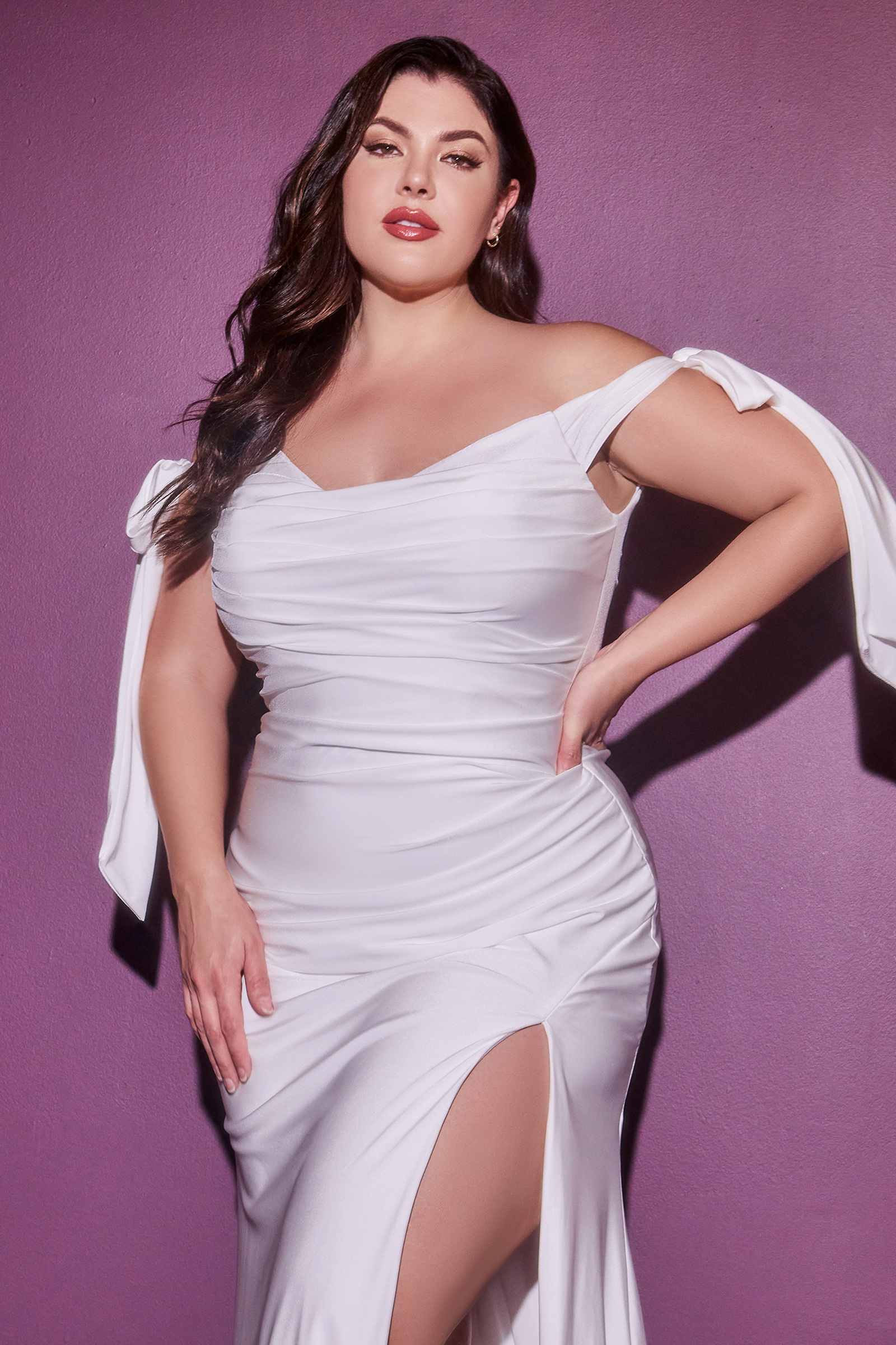 Cinderella Divine CD944WC Long Stretch Satin Gown Off The Shoulder Tie Sleeve by DiscountDressShop