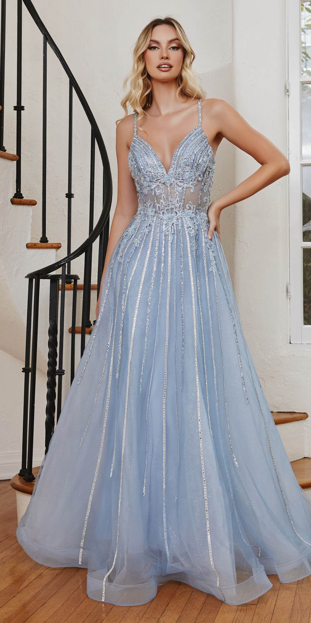 Cinderella Divine CD994 Long A-Line Beaded Tulle Gown Lace Detail V-Neck by DiscountDressShop