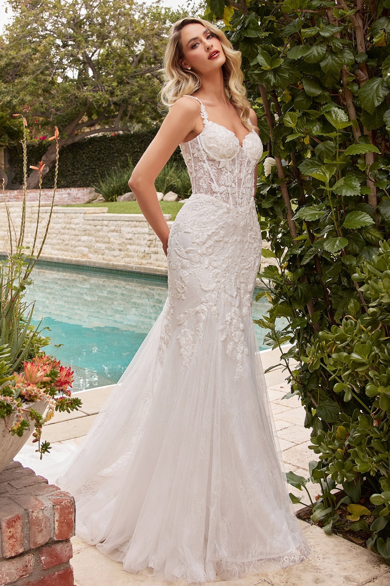 Ladivine CDS432W Mermaid Light Tulle Overlay Over Chantilly Lace Wedding Gown by DiscountDressShop