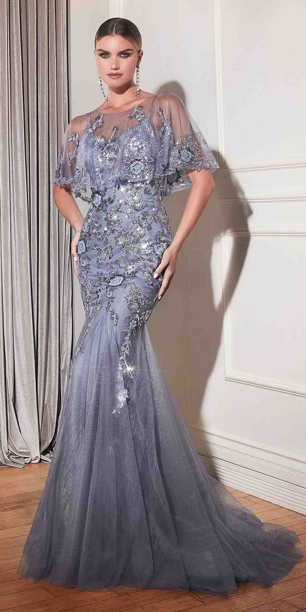 Ladivine CDS438 Long Beaded Mermaid Gown Removable Short Sleeve Capelet by DiscountDressShop