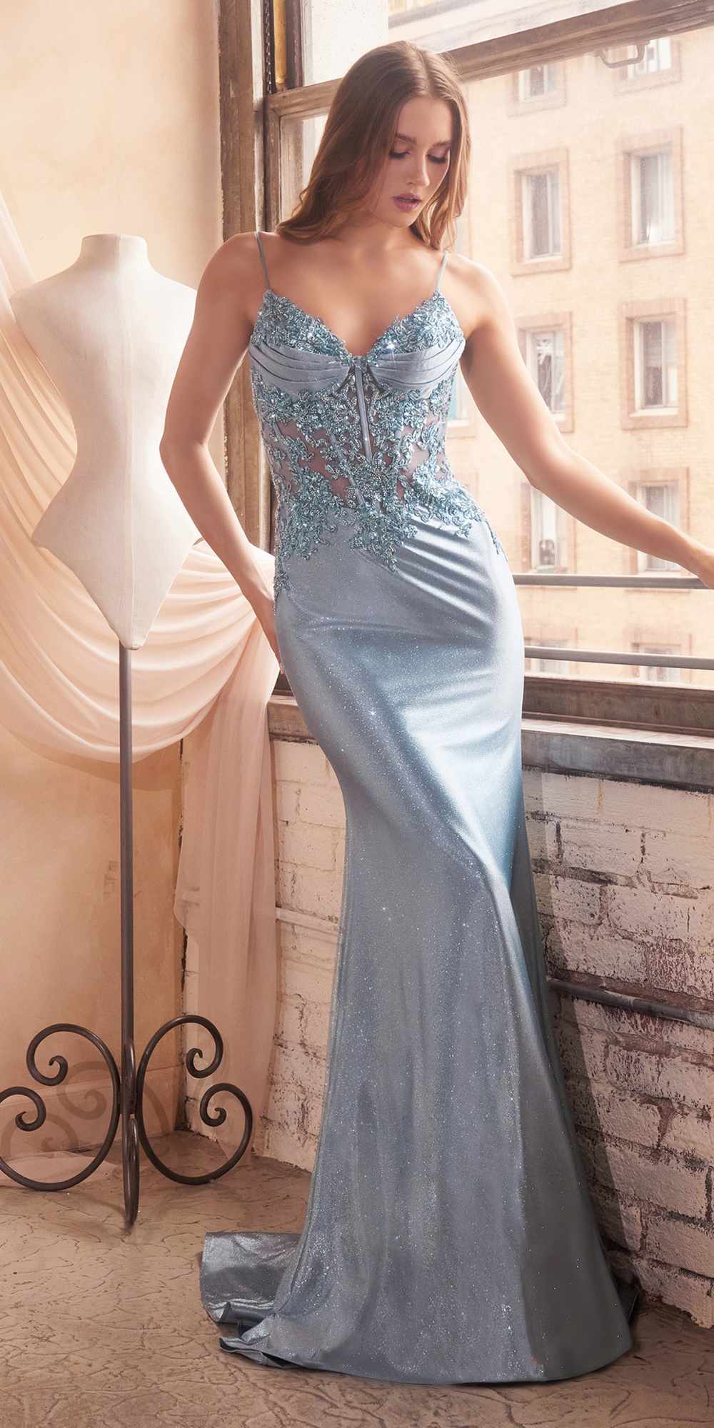 Ladivine CDS450 Long Fitted Lace Applique Bodice Sheer Bodice Gown by DiscountDressShop