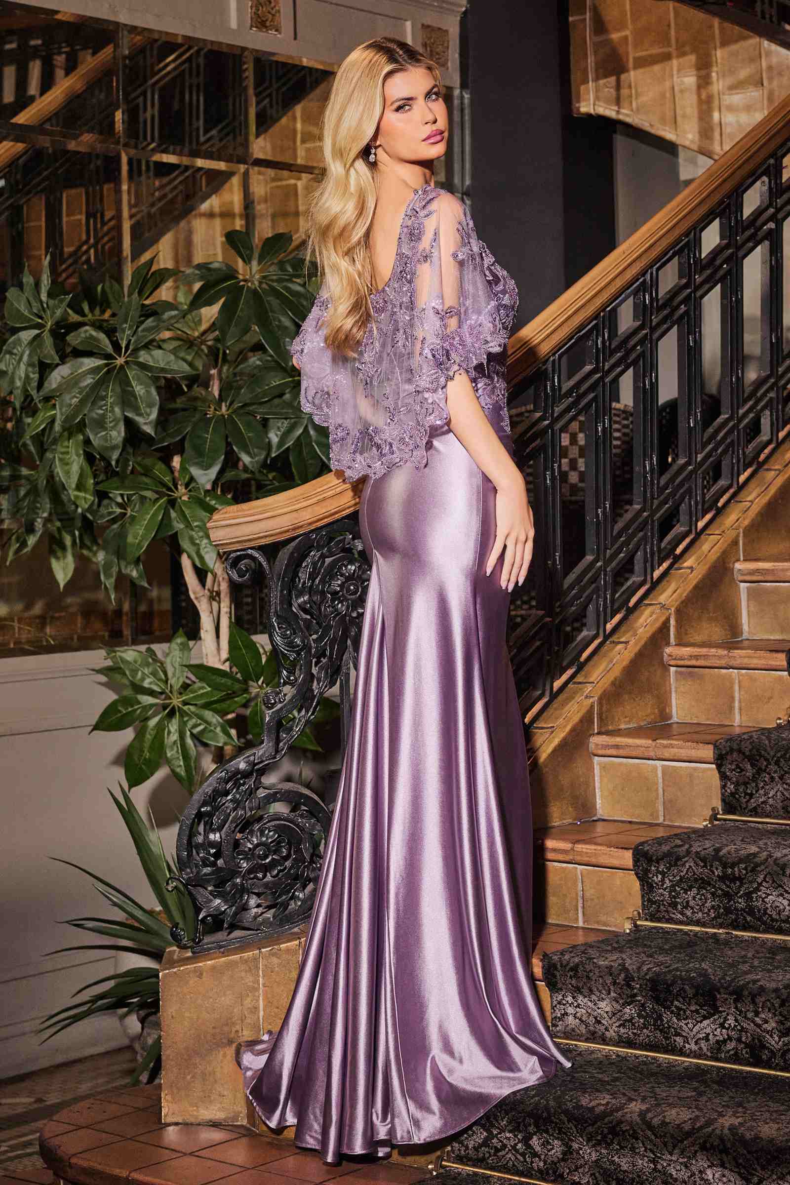 Ladivine CDS499 Stretch Satin Fitted Dress & Removable Lace Caplet by DiscountDressShop