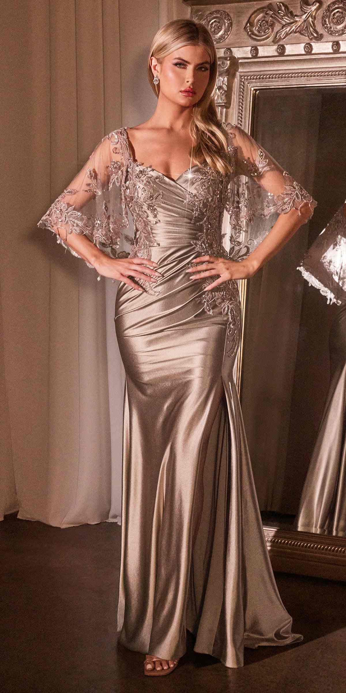 Ladivine CDS499 Stretch Satin Fitted Dress & Removable Lace Caplet by DiscountDressShop