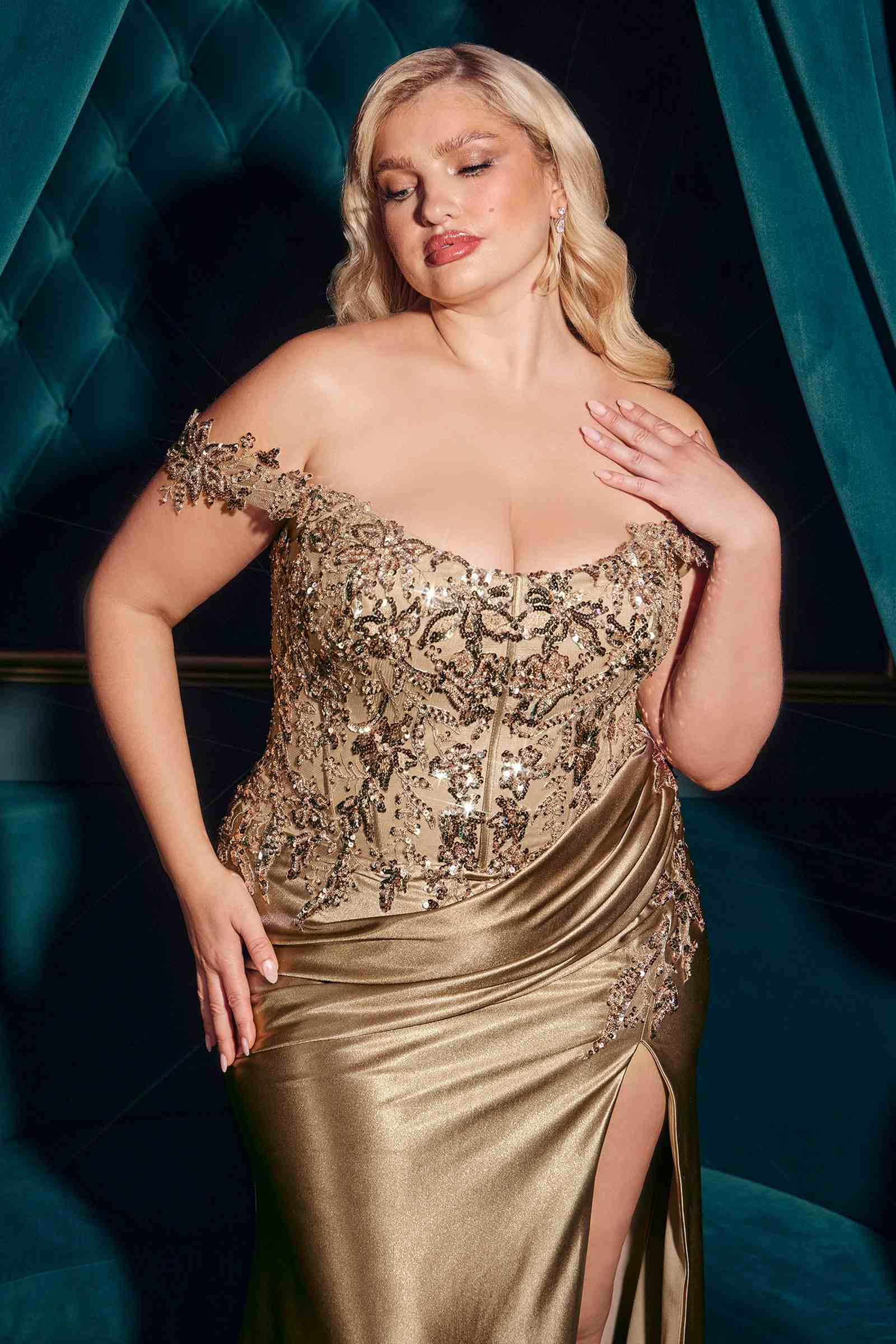 Ladivine CDS537C Off The Shoulder Lace & Satin Curve Dress by DiscountDressShop