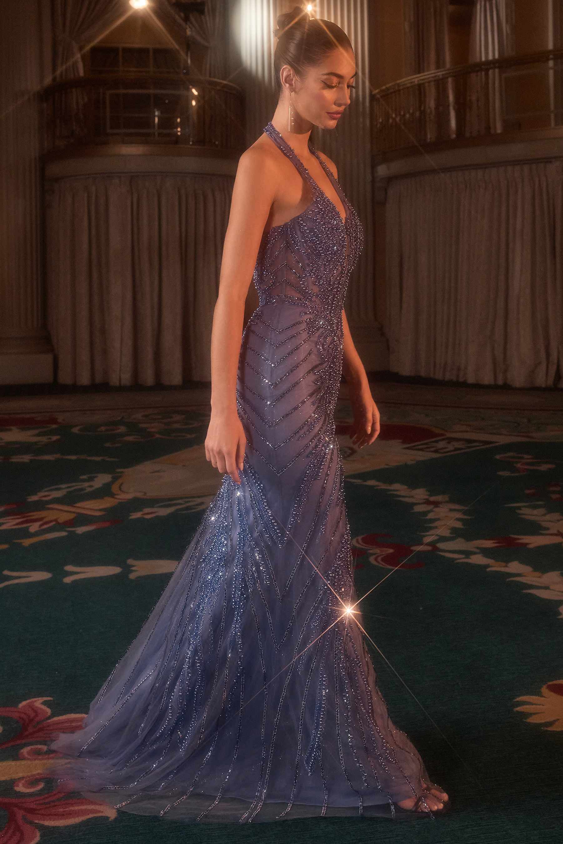 Ladivine CDS547 Fitted Halter Evening Gown Plunging Bodice by DiscountDressShop