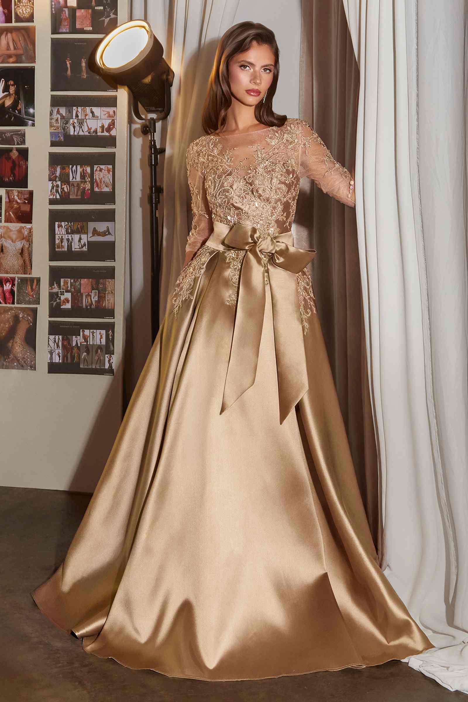 Ladivine CDS569 Three Quarter Sleeve Mikado Skirt A-Line Gown DestGlow