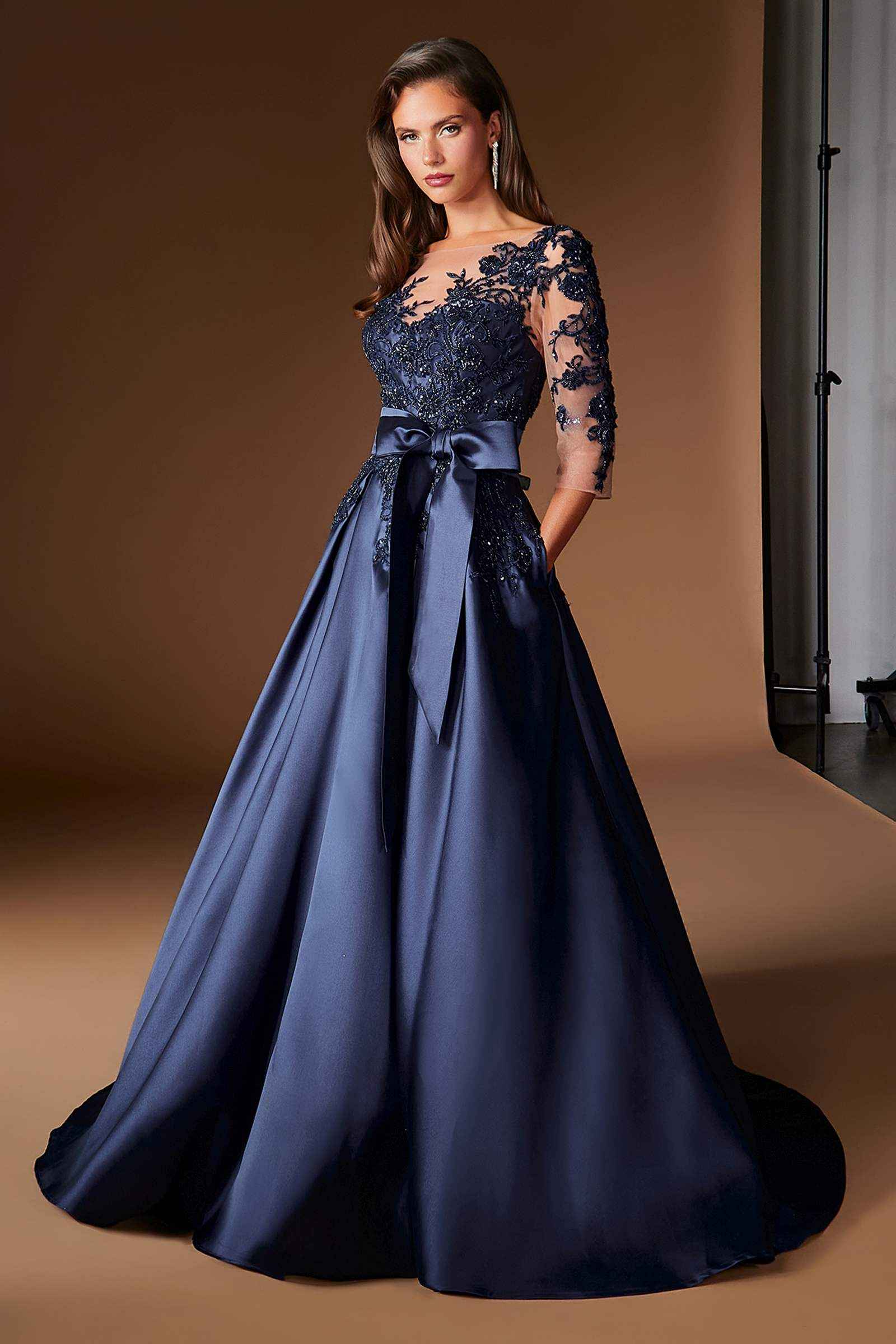 Ladivine CDS569 Three Quarter Sleeve Mikado Skirt A-Line Gown DestGlow