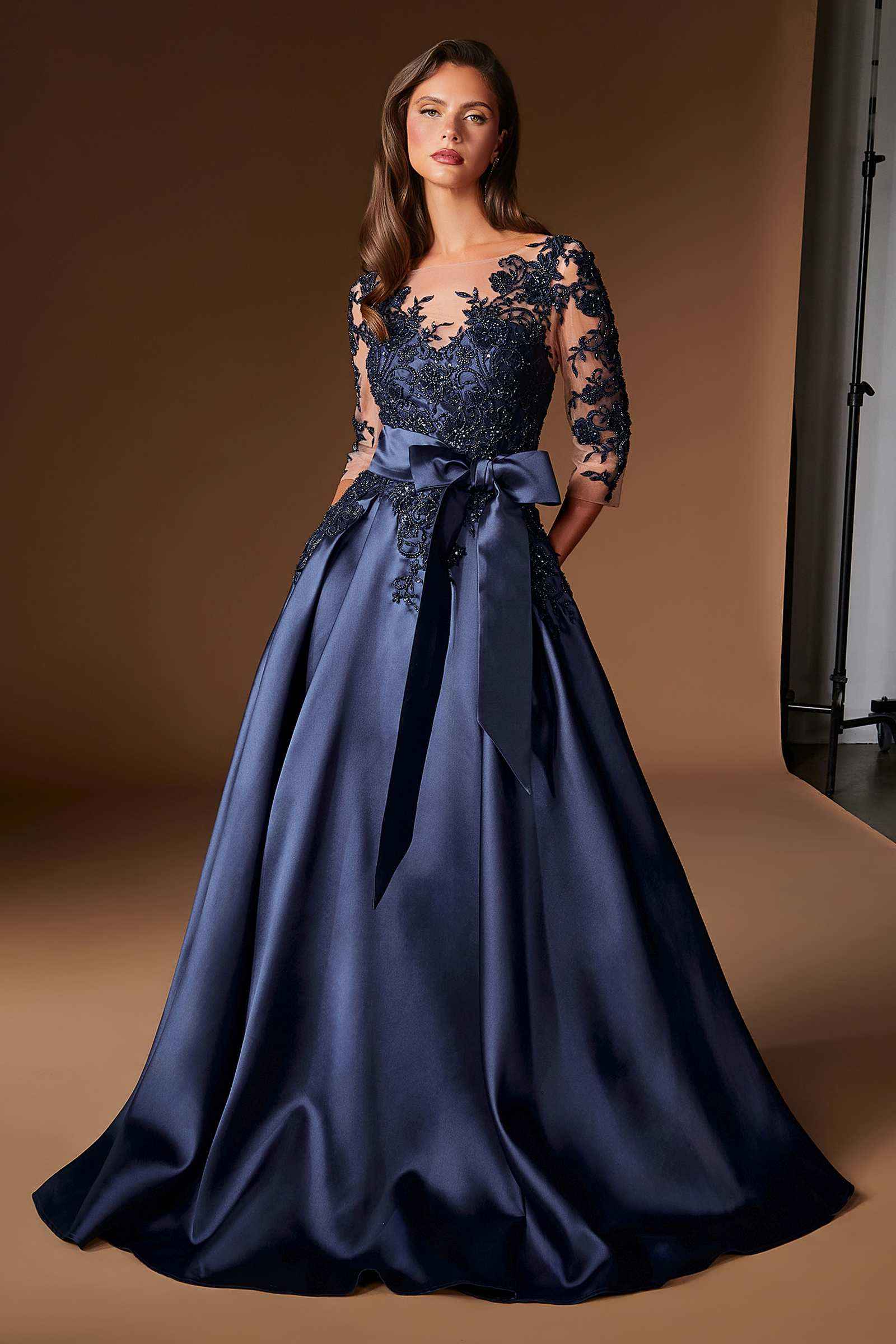 Ladivine CDS569 Three Quarter Sleeve Mikado Skirt A-Line Gown DestGlow