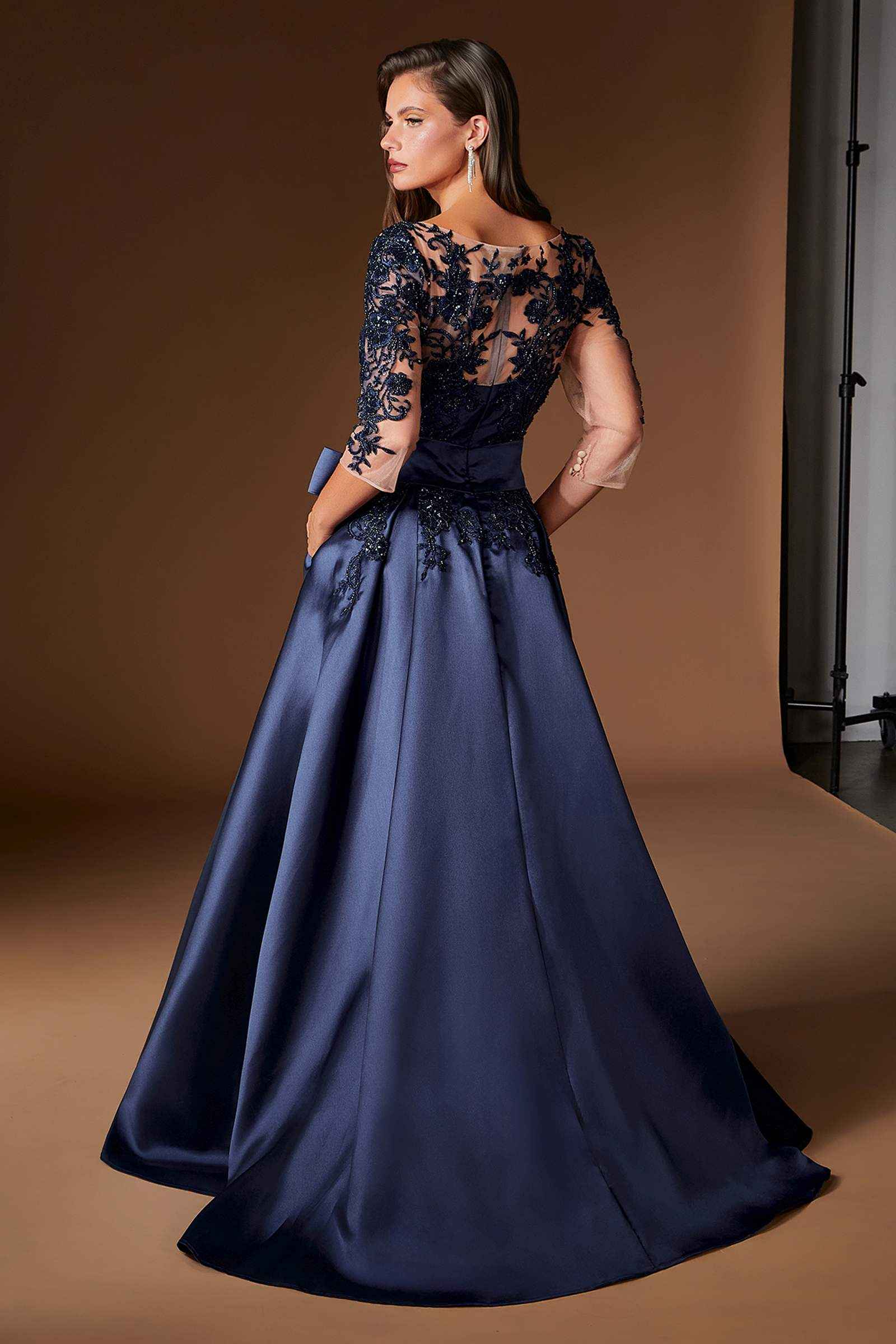 Ladivine CDS569 Three Quarter Sleeve Mikado Skirt A-Line Gown DestGlow