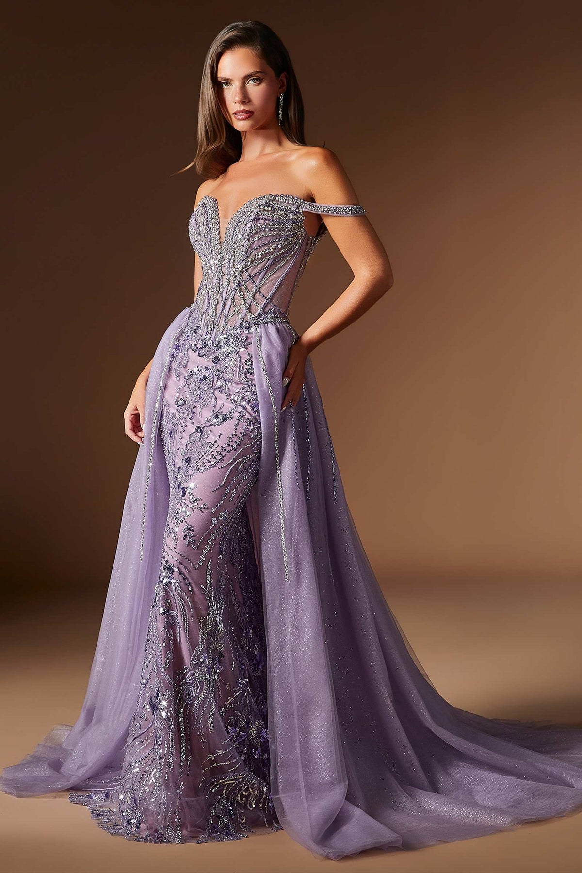 Ladivine CDS570 Fitted Formal Off Shoulder Gown with Detachable Skirt DestGlow