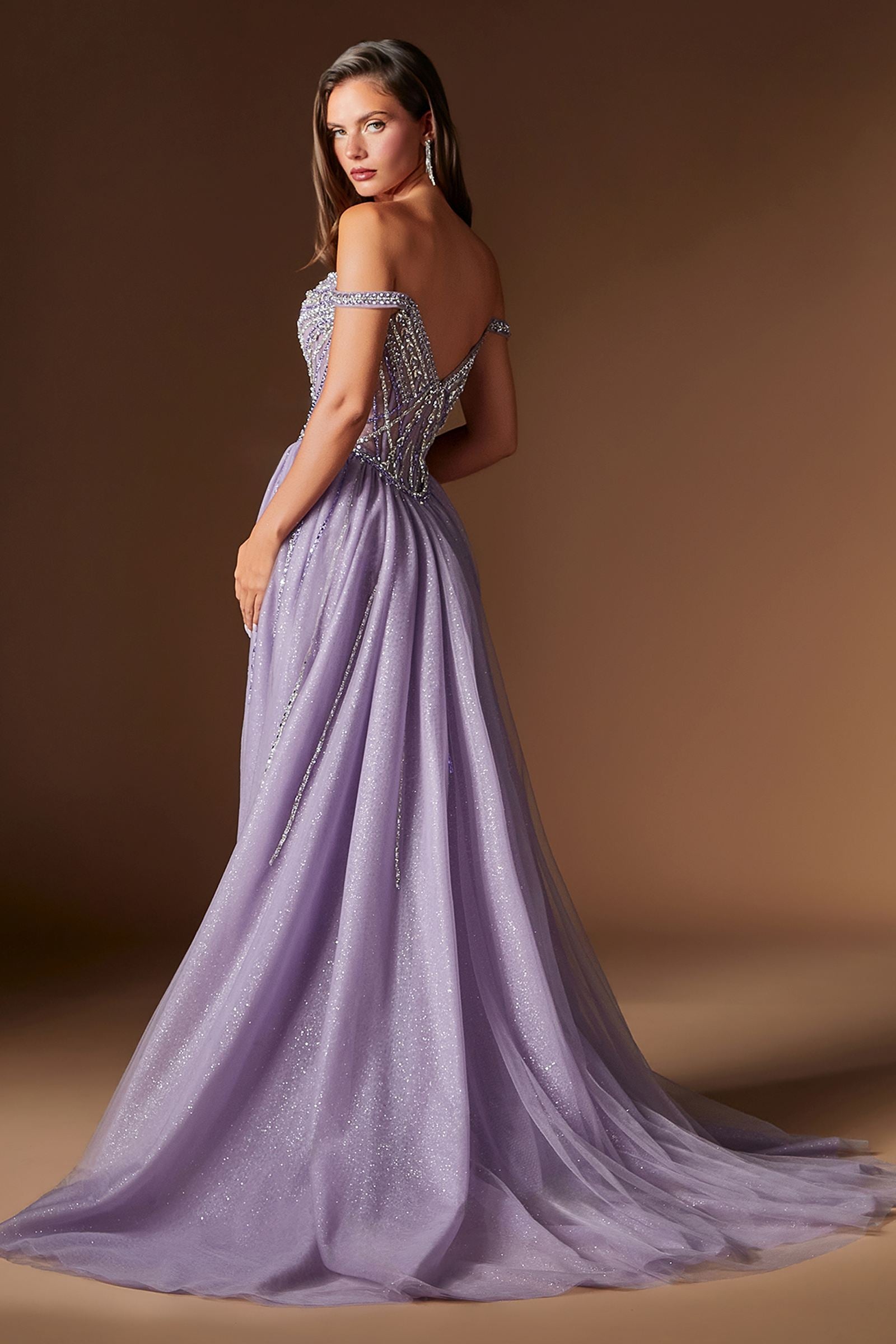 Ladivine CDS570 Fitted Formal Off Shoulder Gown with Detachable Skirt DestGlow