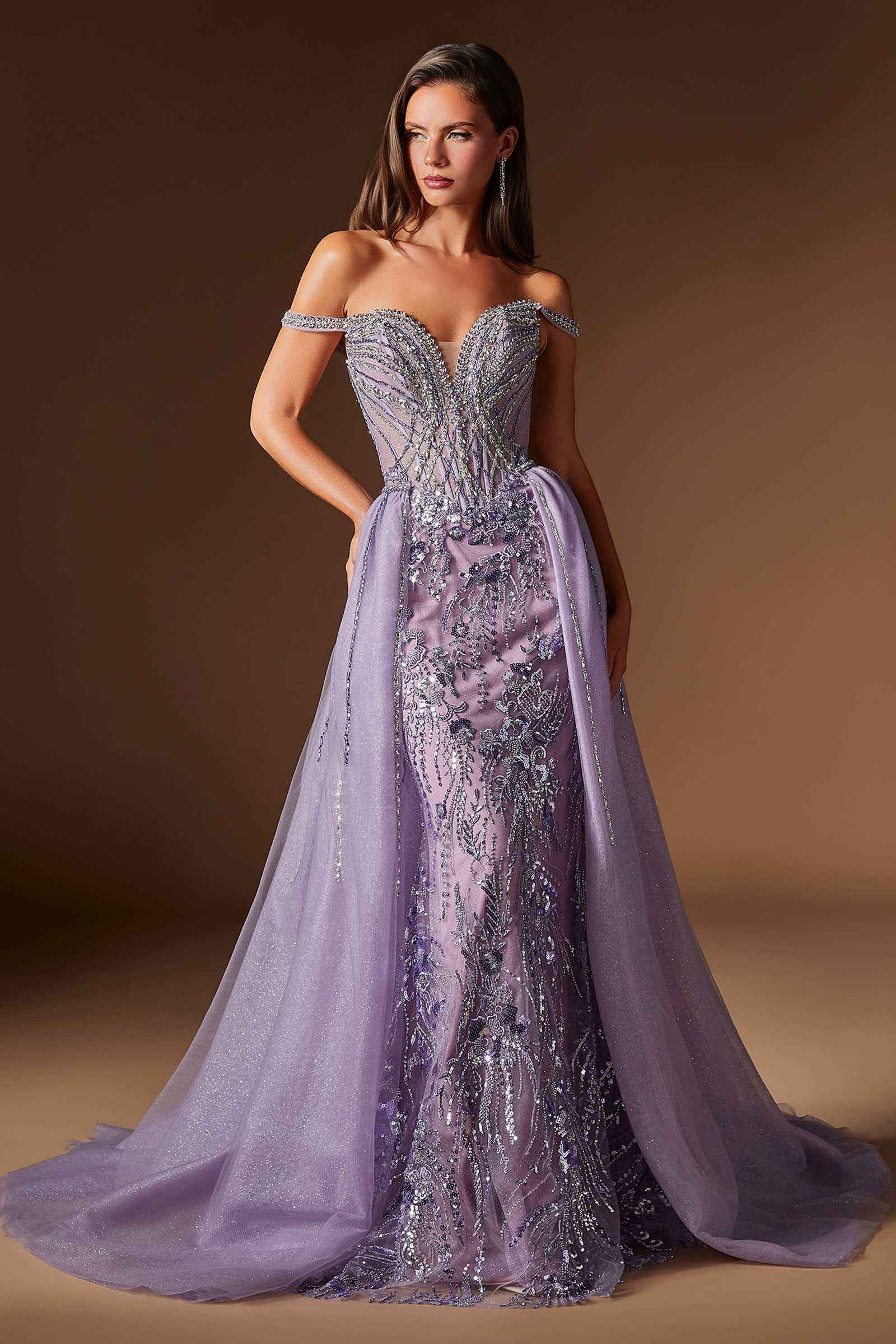 Ladivine CDS570 Fitted Formal Off Shoulder Gown with Detachable Skirt DestGlow