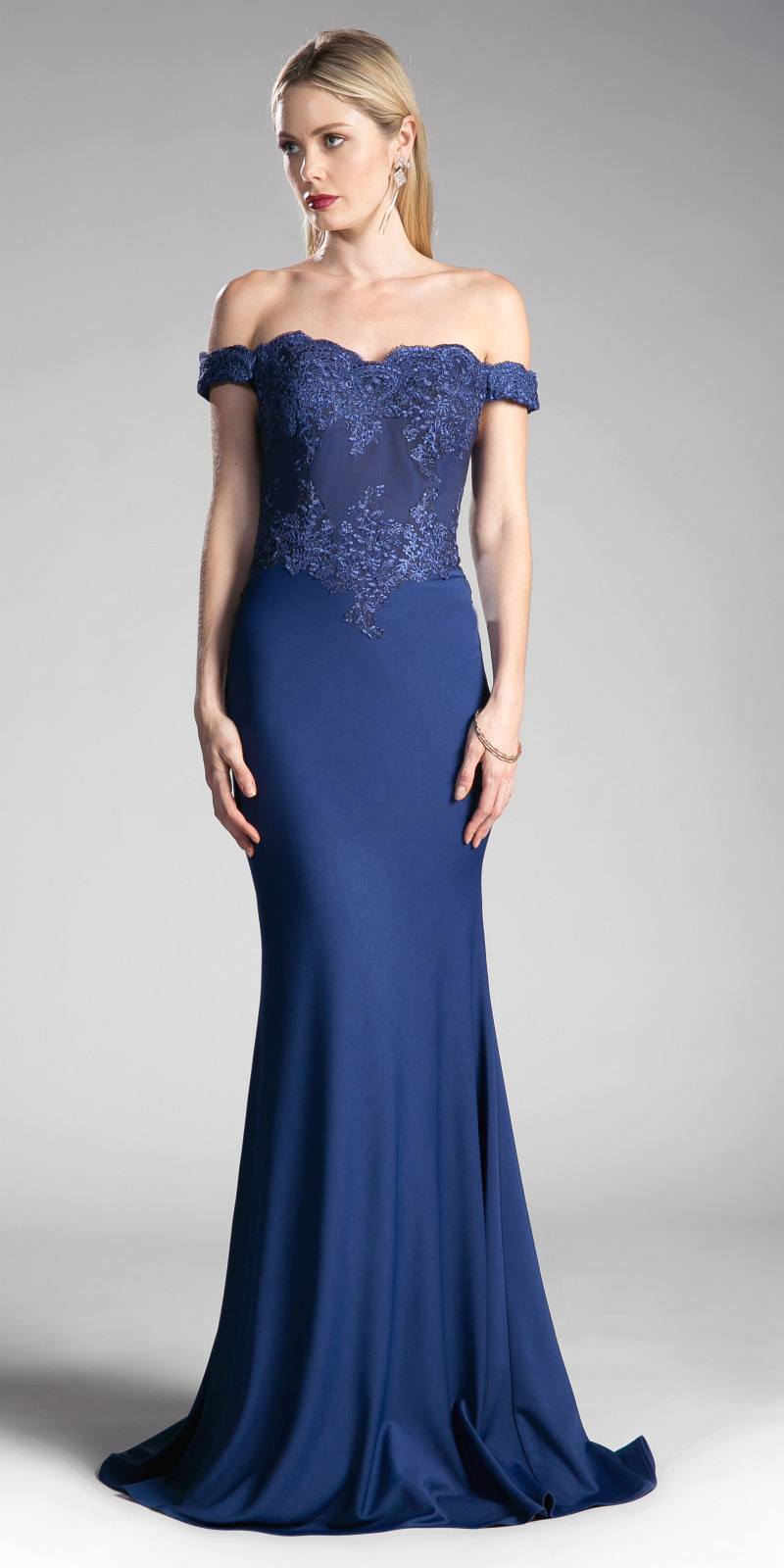Cinderella Divine CF158 Off Shoulder Floor Length Evening Gown Applique Bodice by DiscountDressShop