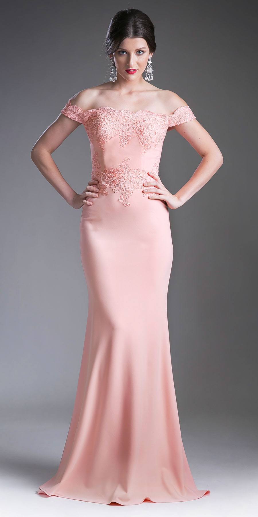 Cinderella Divine CF158 Off Shoulder Floor Length Evening Gown Applique Bodice by DiscountDressShop